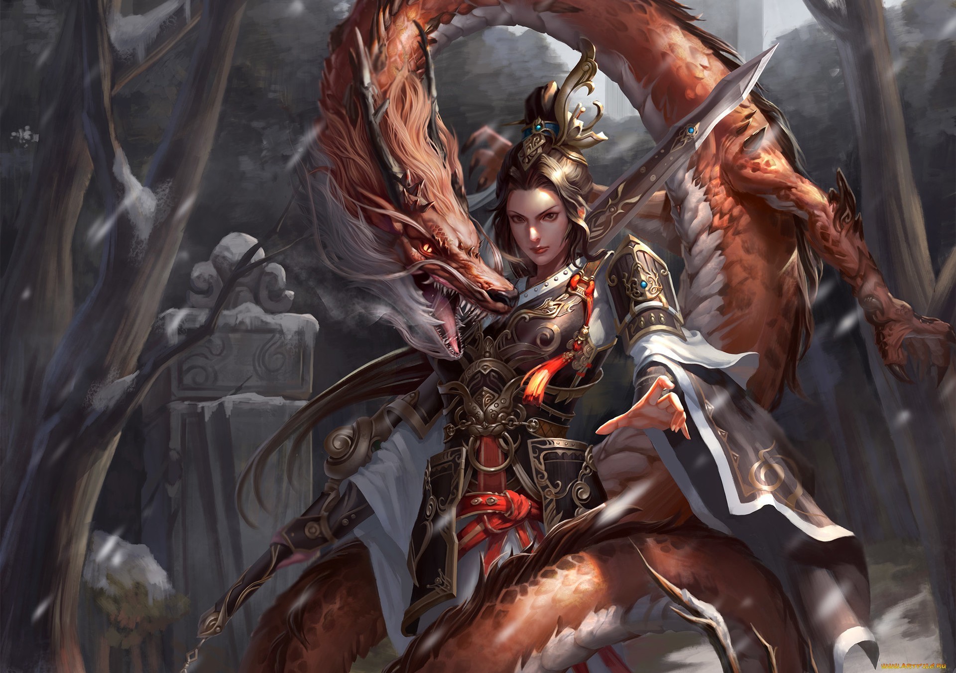 Fantasy girl with dragon in a snowy forest HD Wallpaper