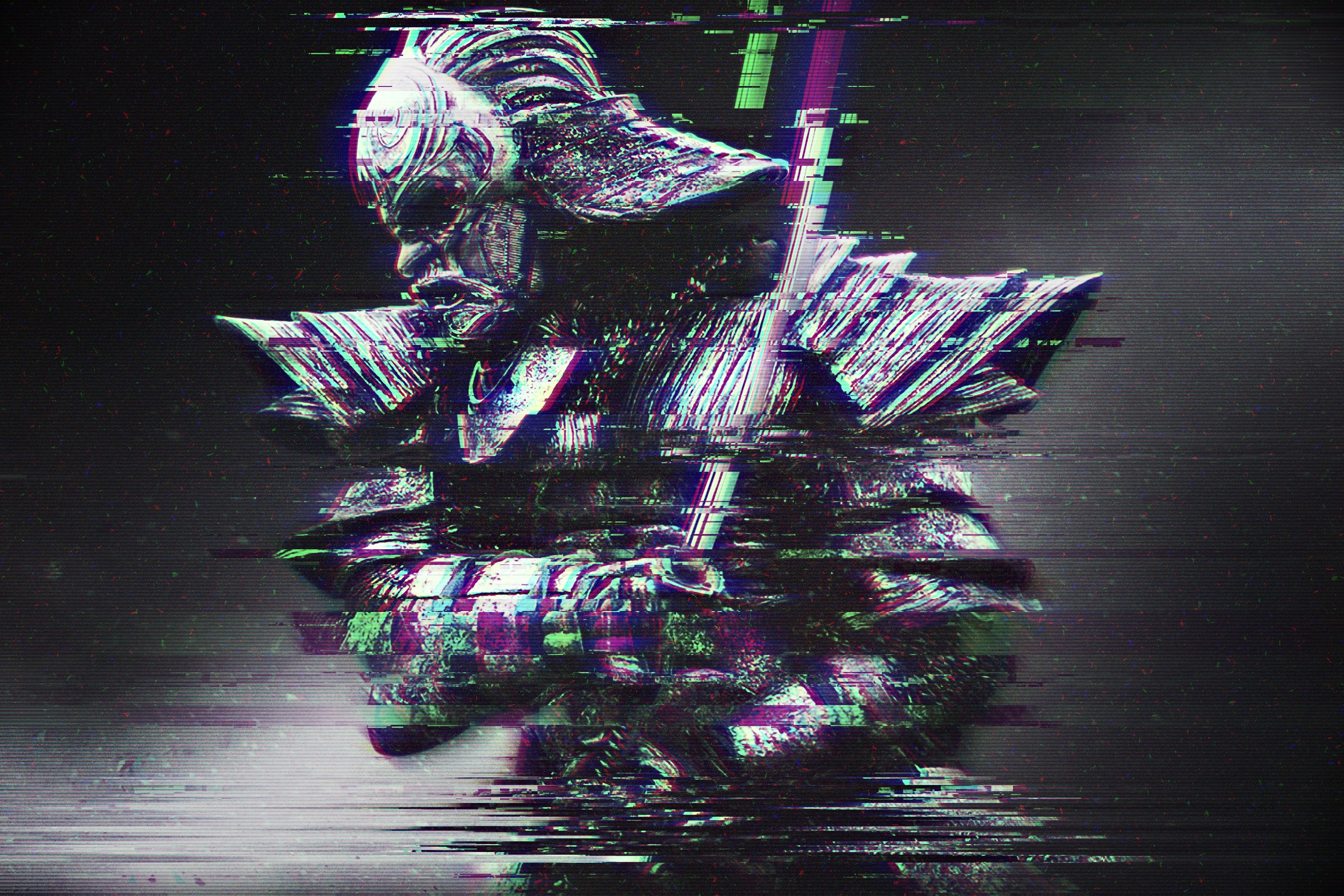 Glitch art samurai with katana and distortion HD Wallpaper