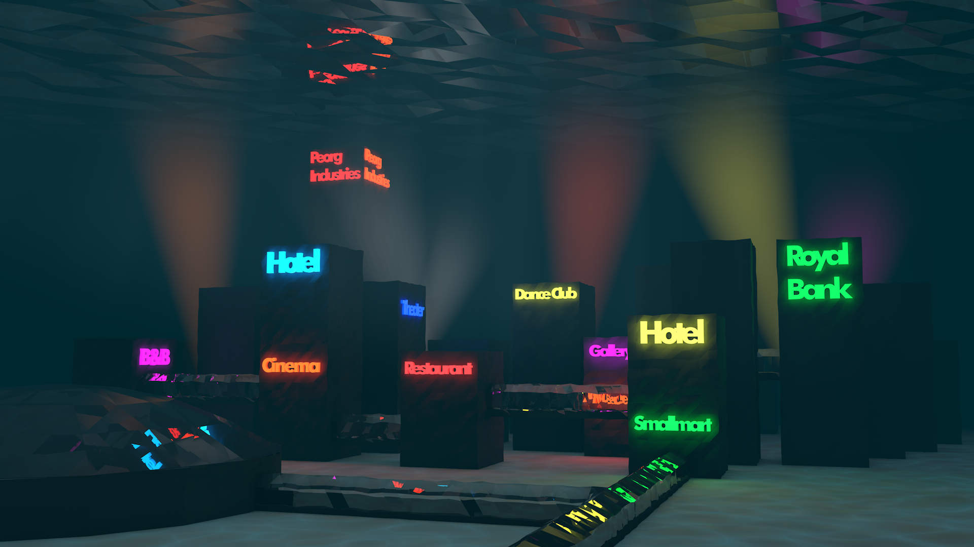 Low poly underwater city with glowing signs HD Wallpaper
