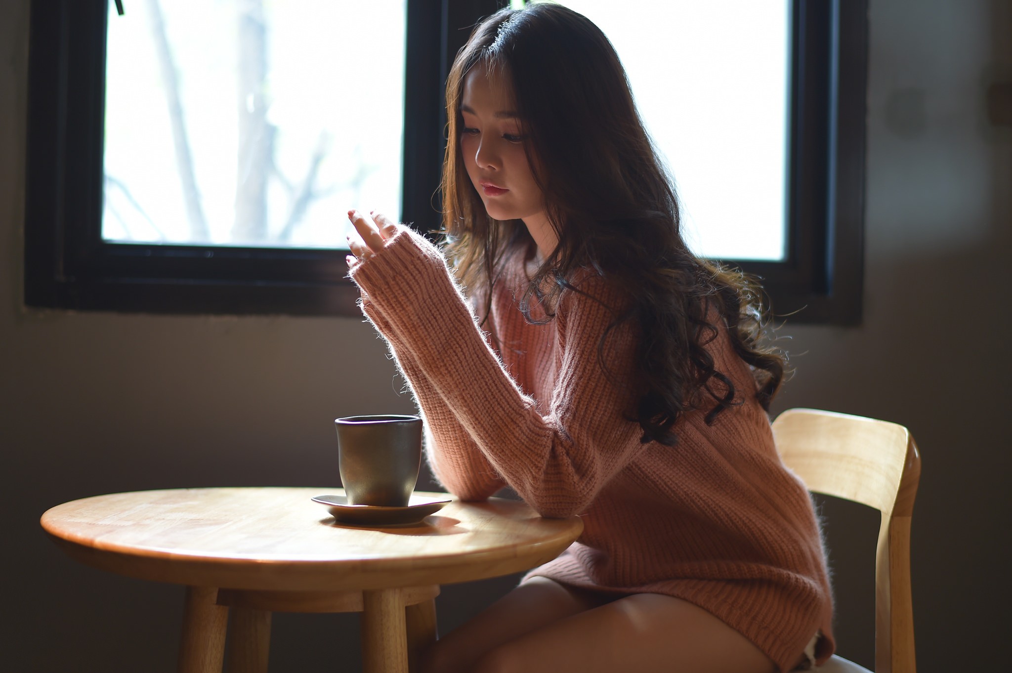Asian woman in sweater with coffee HD Wallpaper