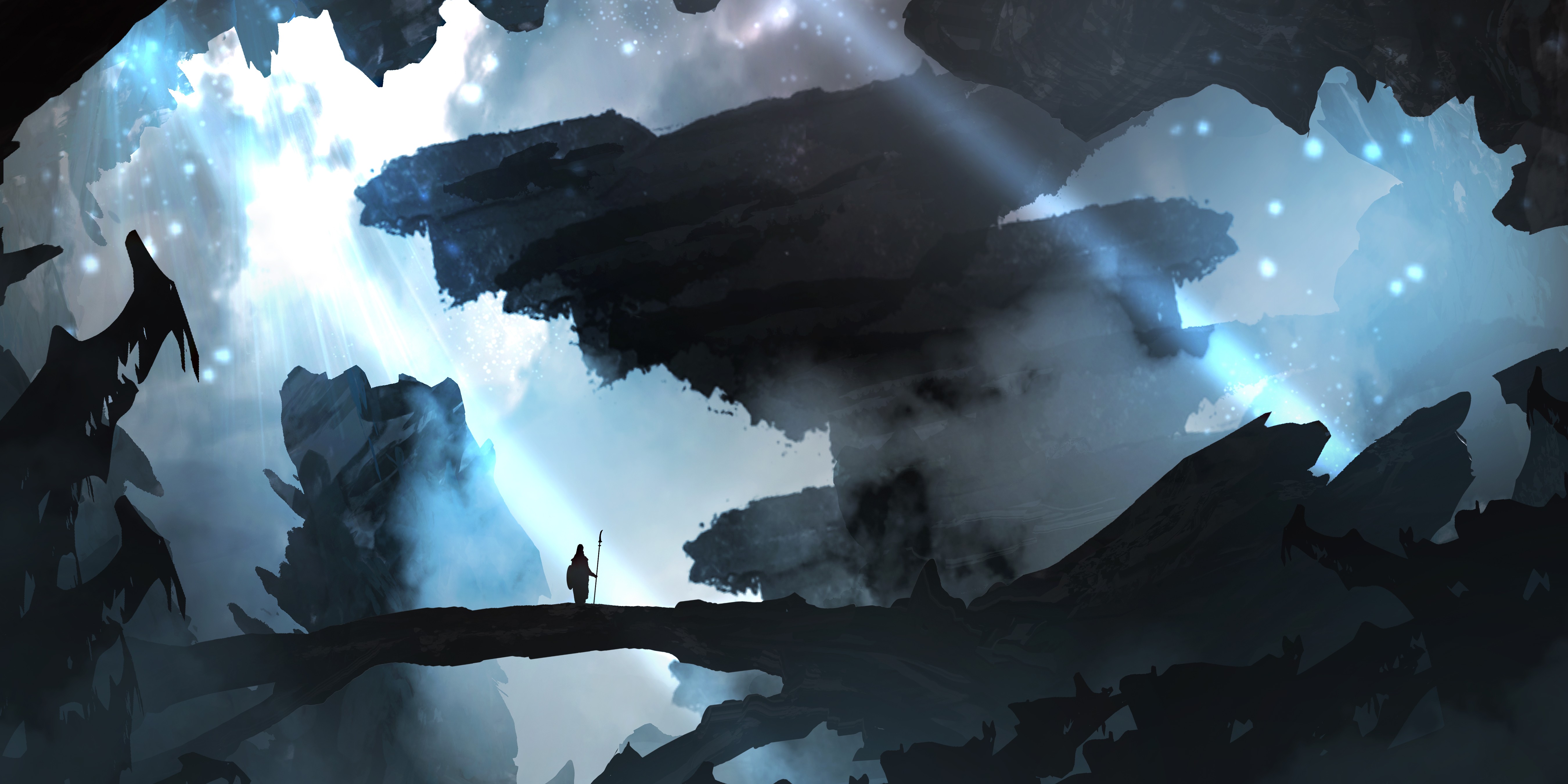 Fantasy cave with floating islands and a lone traveler HD Wallpaper