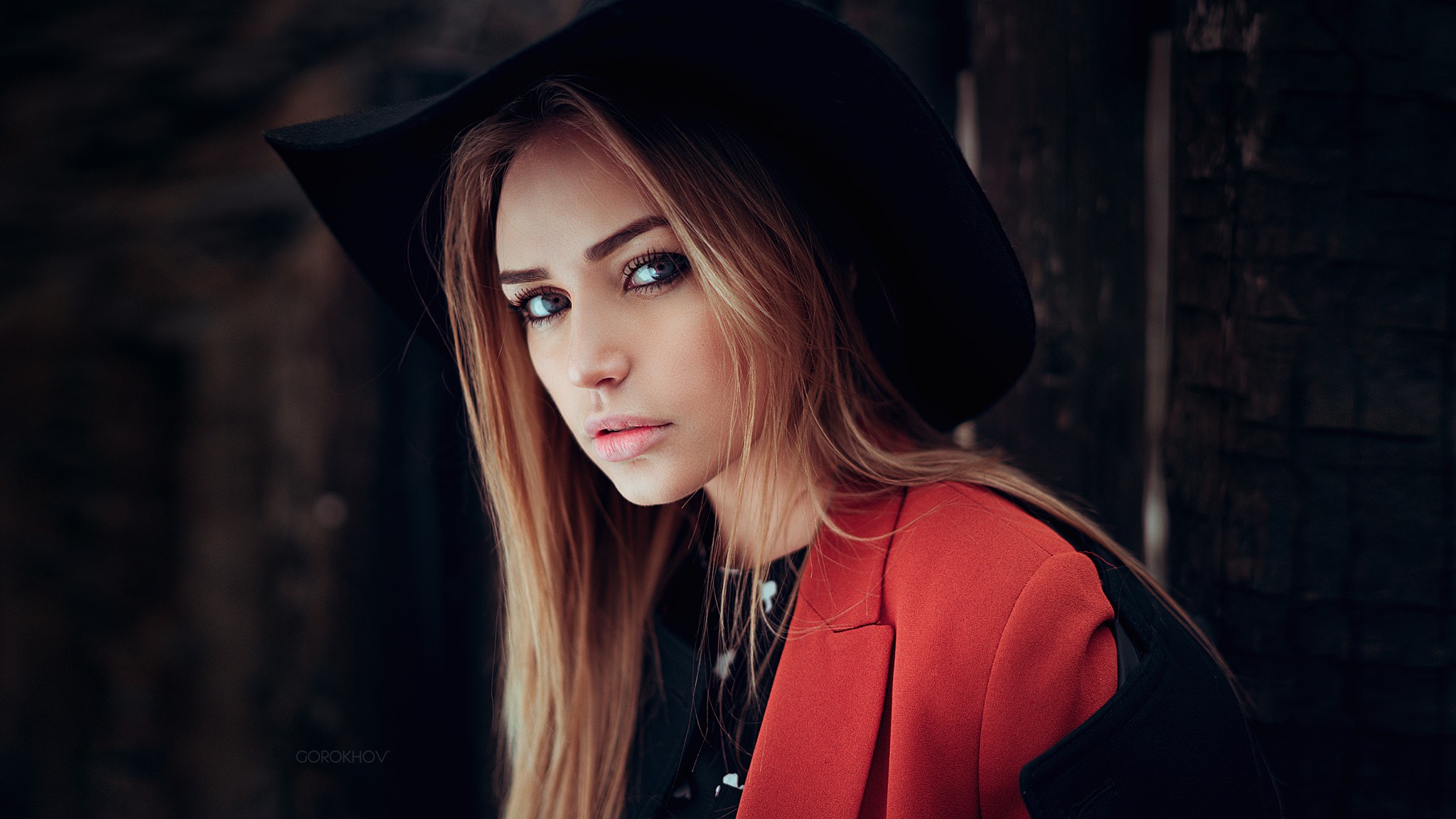hat, face, juicy lips, blonde, women, straight hair, blue eyes, Ivan Gorokhov, looking at viewer, long hair, black coat, Maria Puchnina, portrait HD Wallpaper