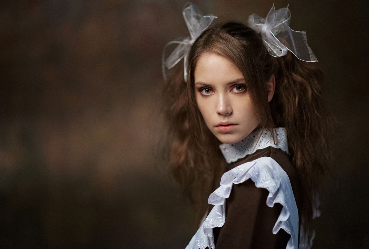 Ksenia Kokoreva in a maid outfit with hair bows HD Wallpaper