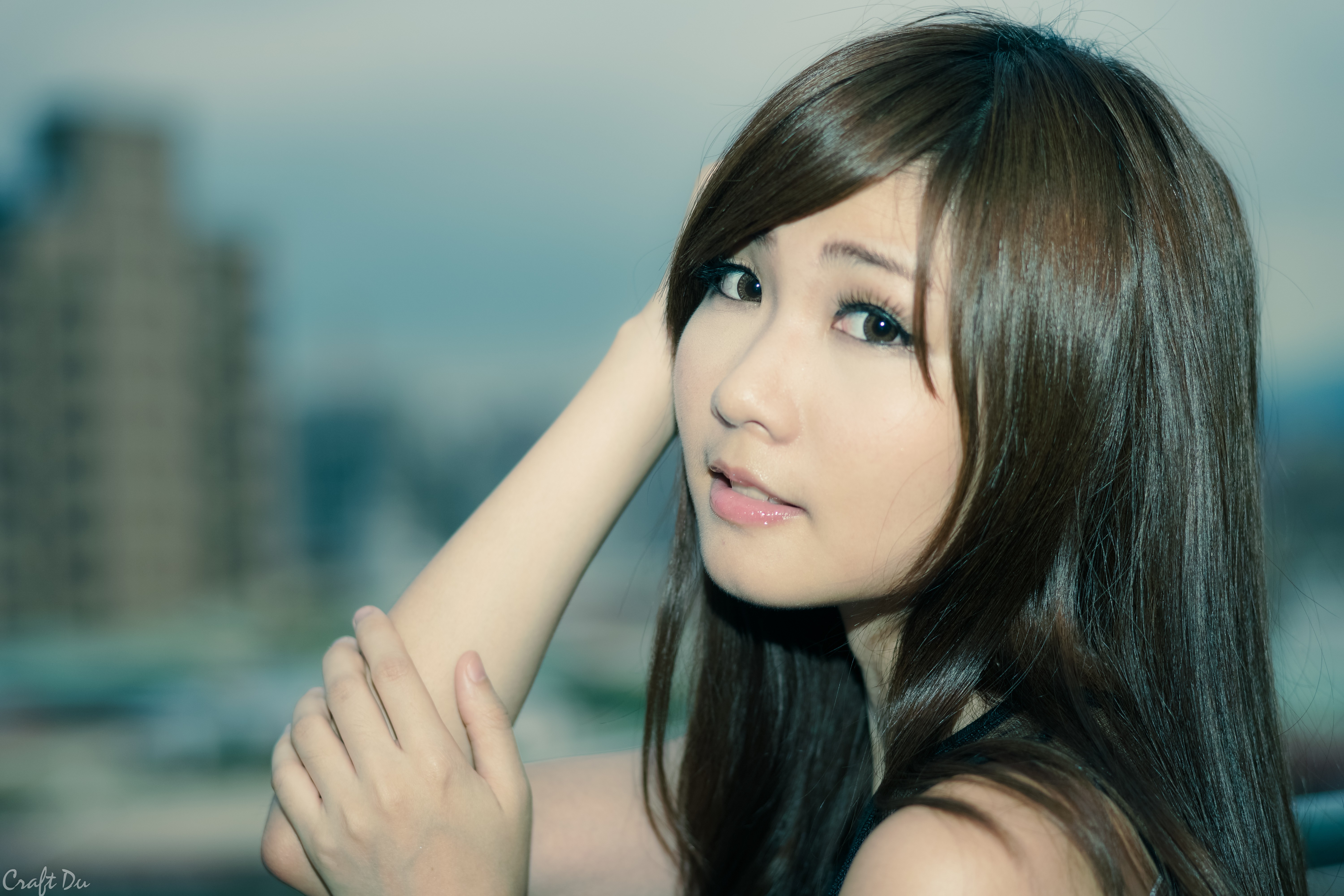 Asian woman with long brown hair and brown eyes HD Wallpaper