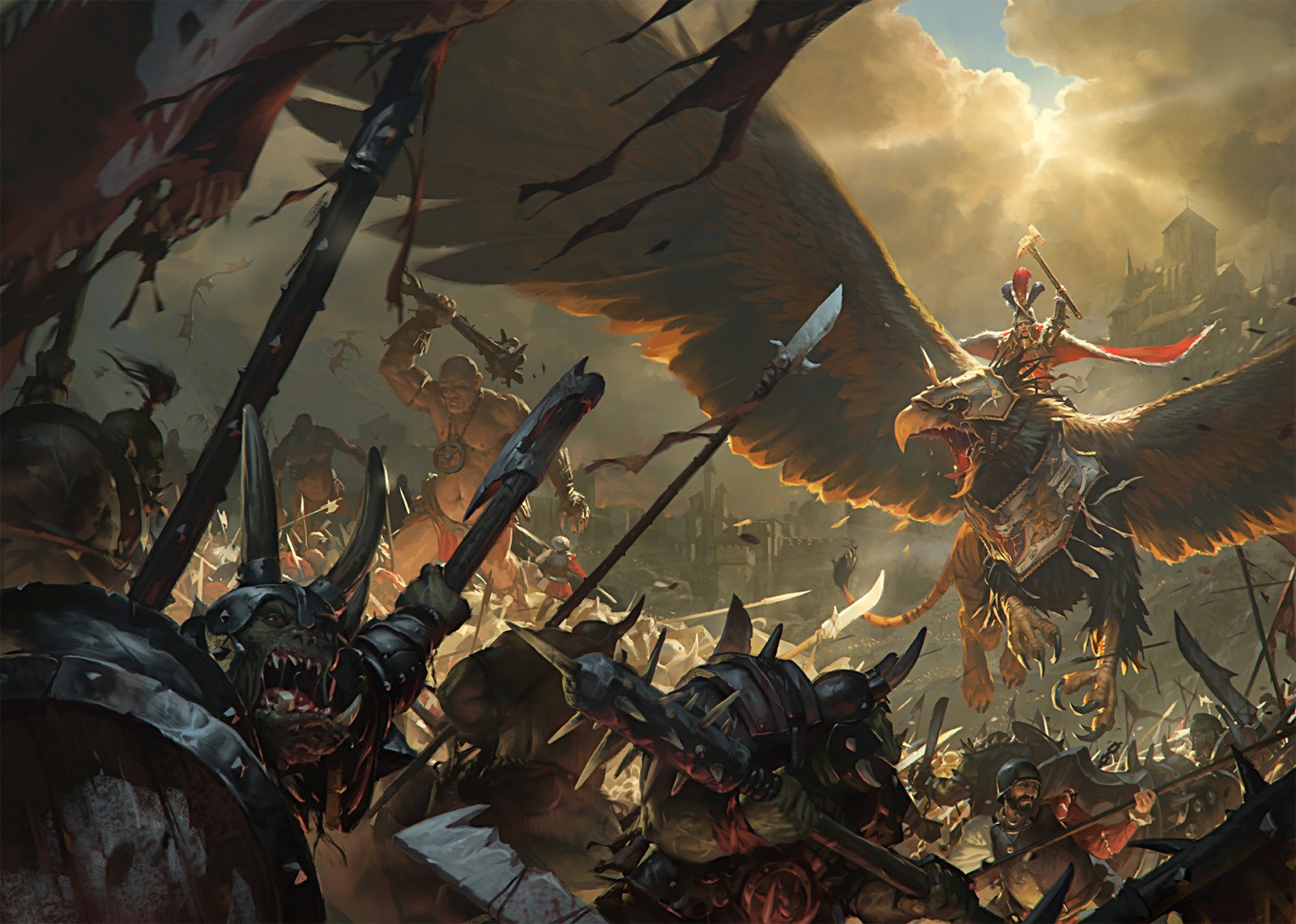 Fantasy battle with griffin rider and orcs HD Wallpaper