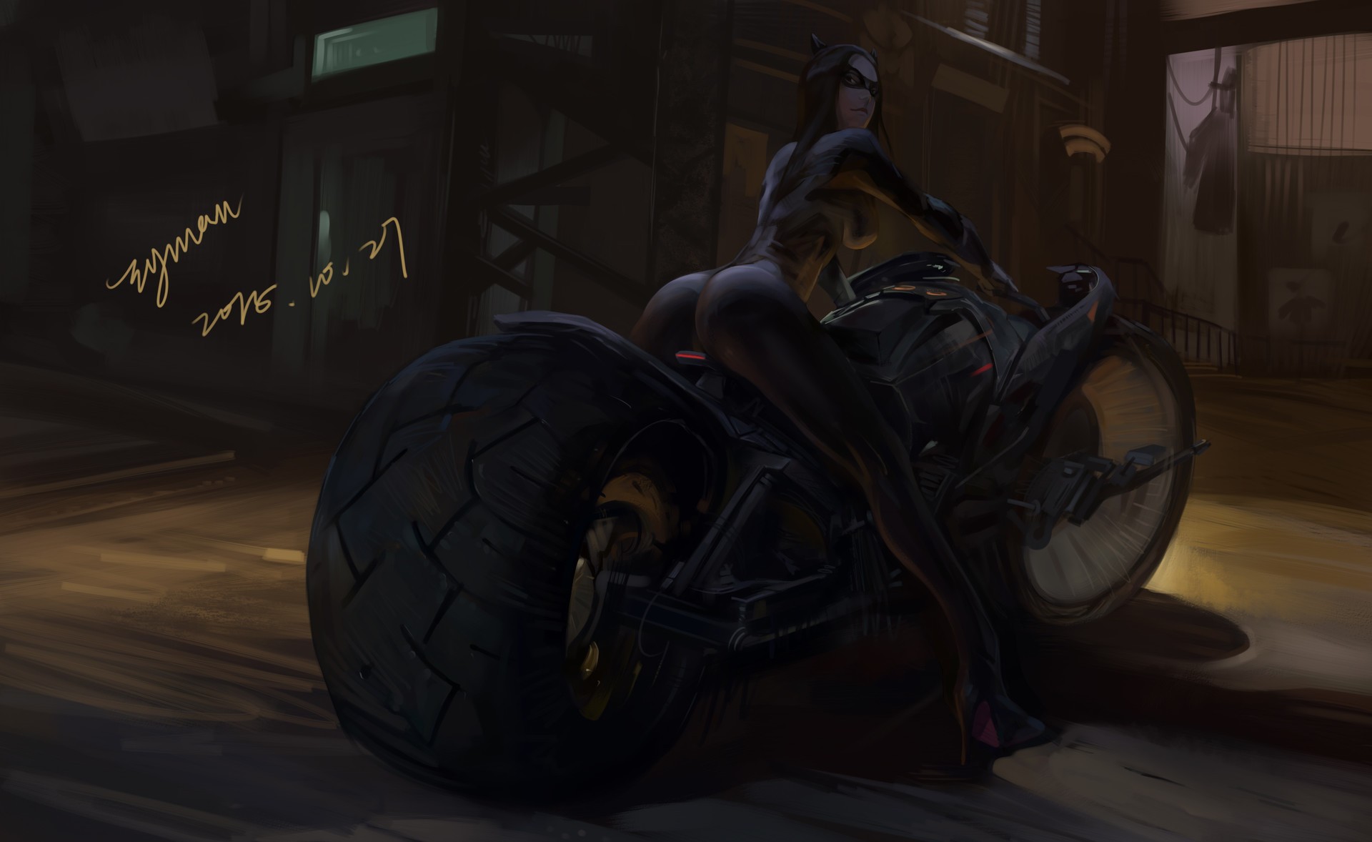 Catwoman on a futuristic motorcycle HD Wallpaper
