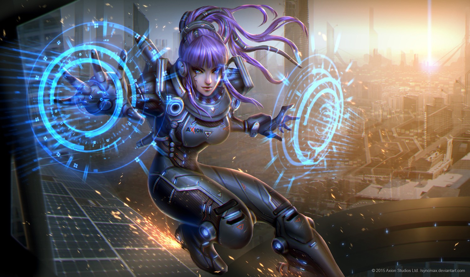 Futuristic woman with purple hair in sci-fi armor HD Wallpaper