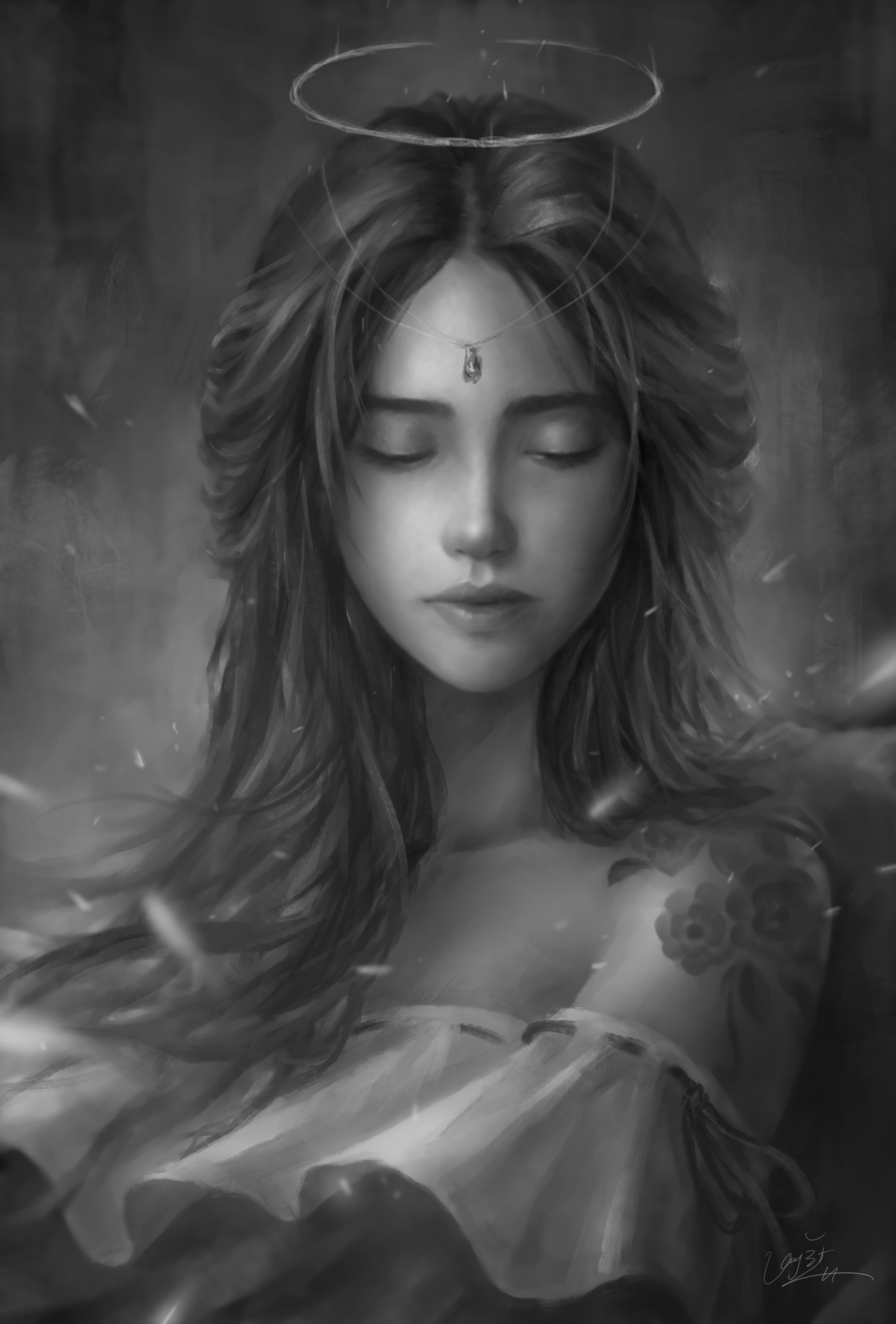 Fantasy art of a woman with a halo HD Wallpaper