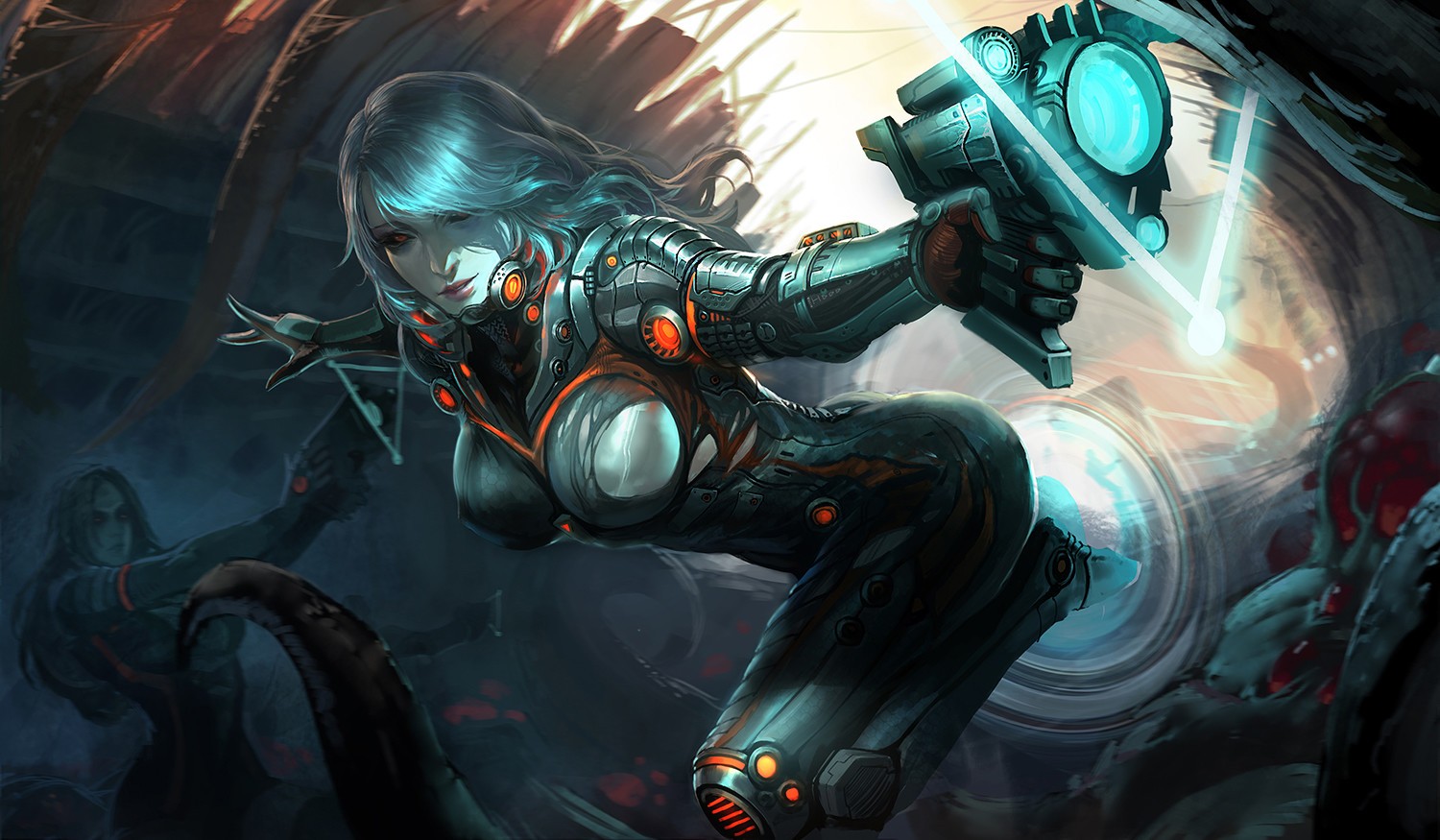 Futuristic woman in cybernetic suit aiming a weapon HD Wallpaper