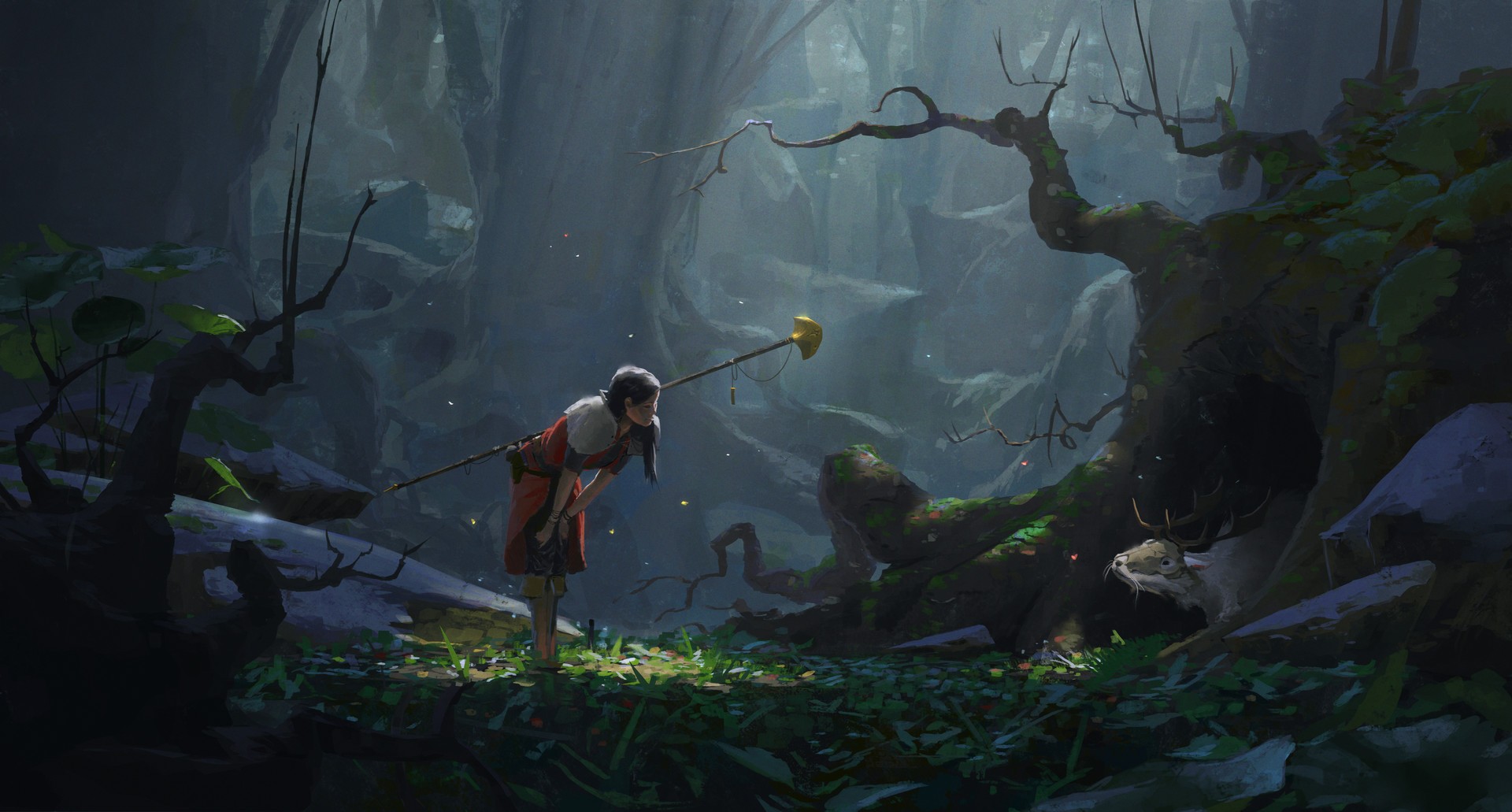 Fantasy art of a girl and a deer in a forest HD Wallpaper