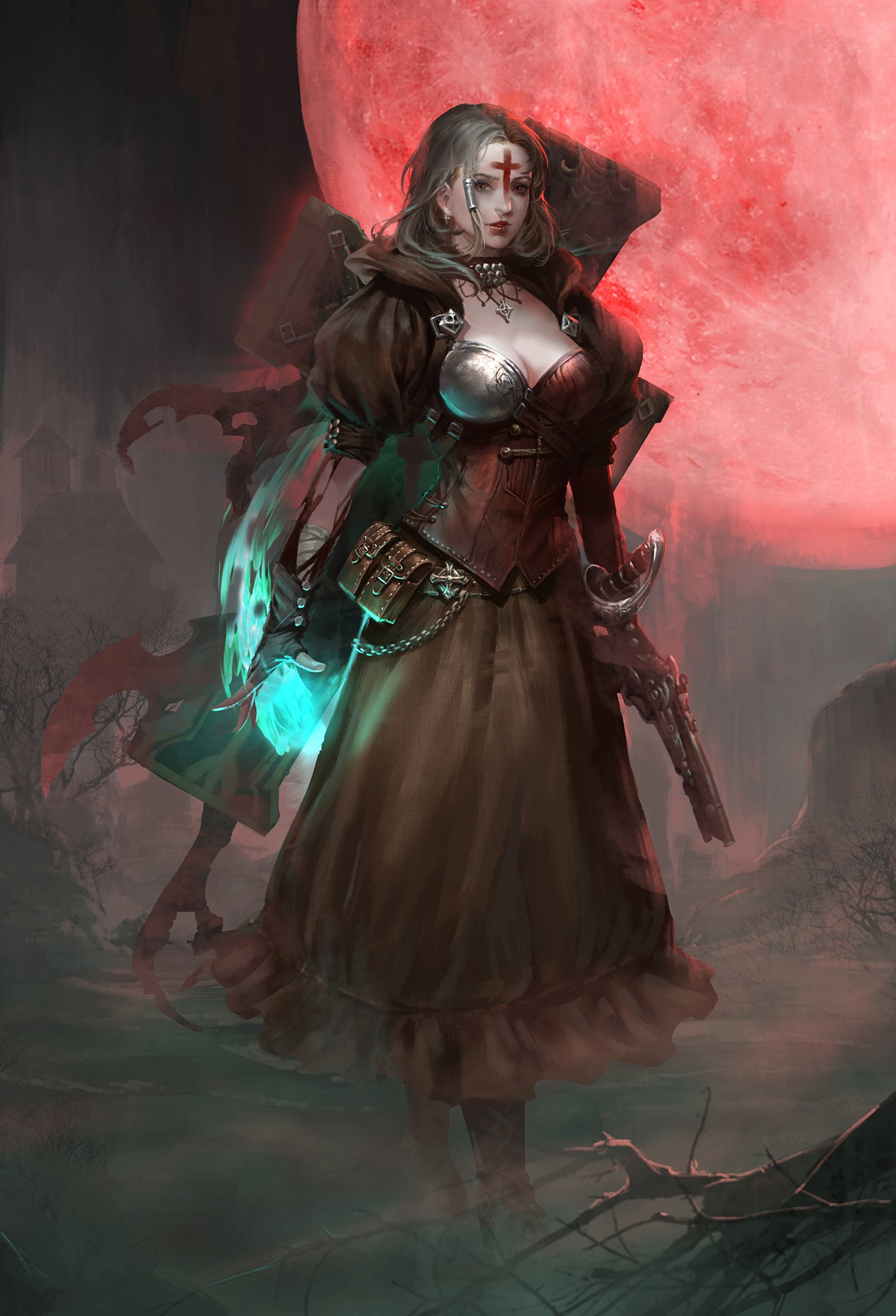 Fantasy woman with pistol and magic under a red moon HD Wallpaper