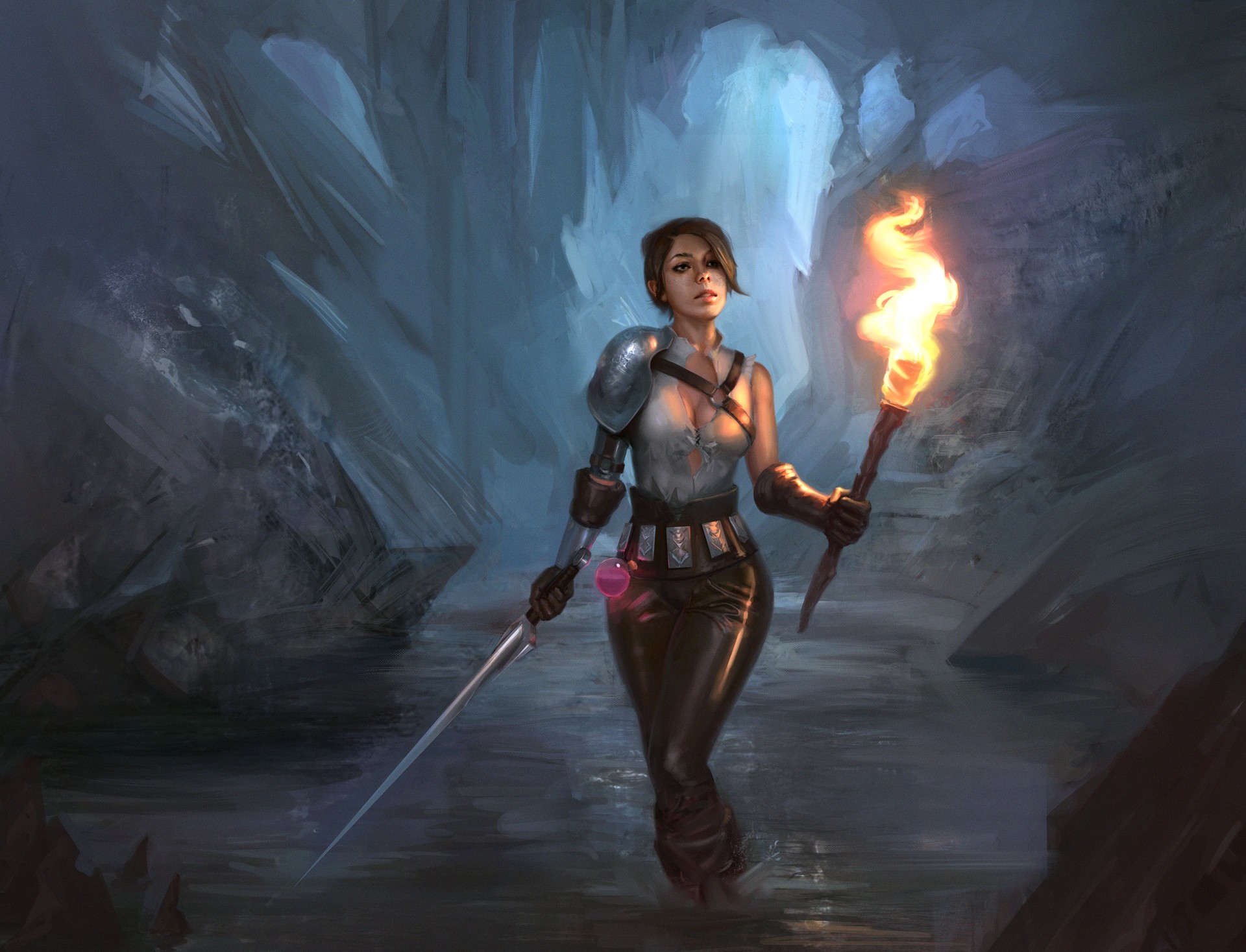 Fantasy art of a woman with a torch in a cave HD Wallpaper