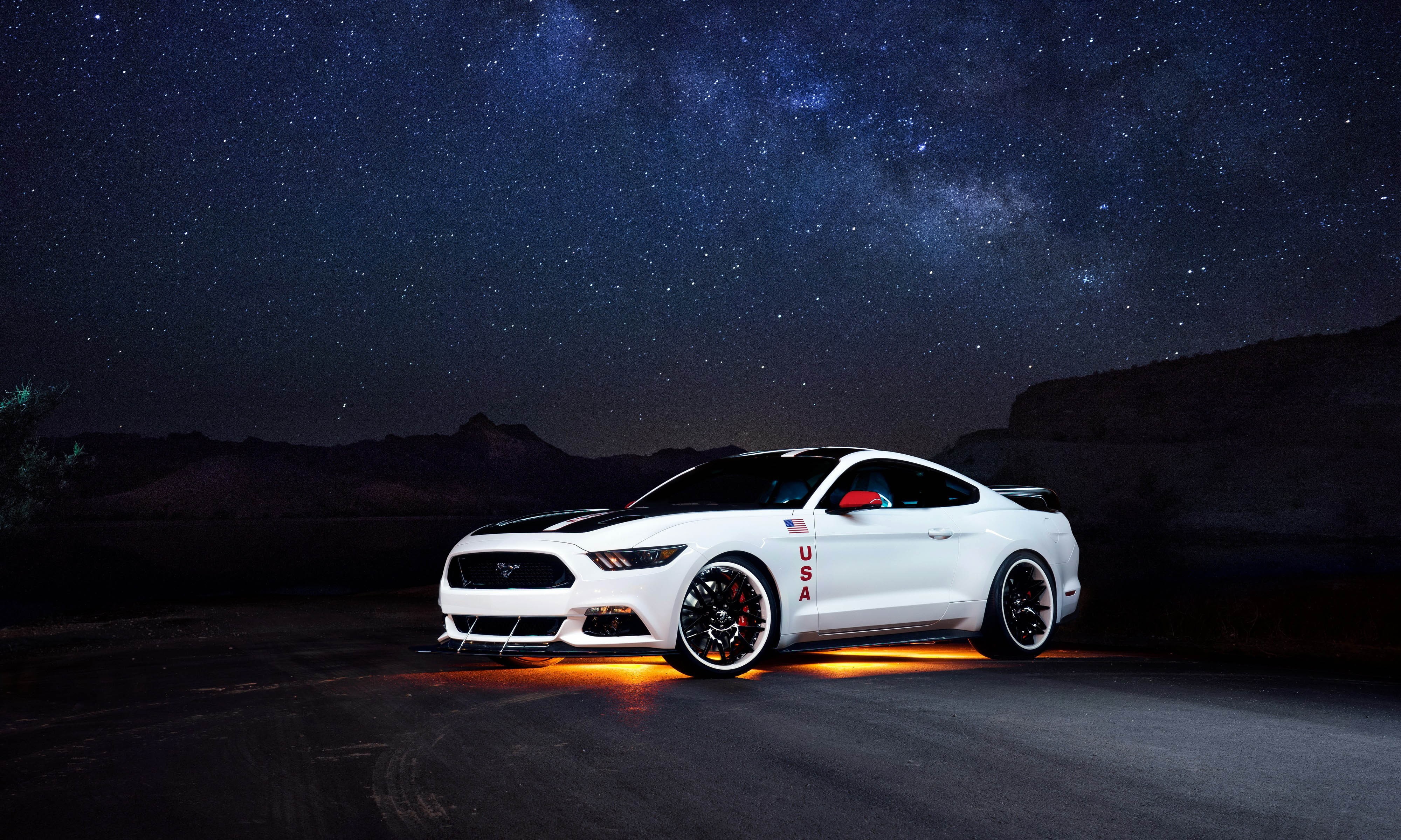 White Ford Mustang under the stars HD Wallpaper