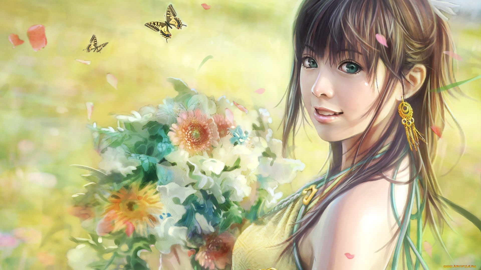 Artwork of an Asian woman holding flowers with butterflies HD Wallpaper