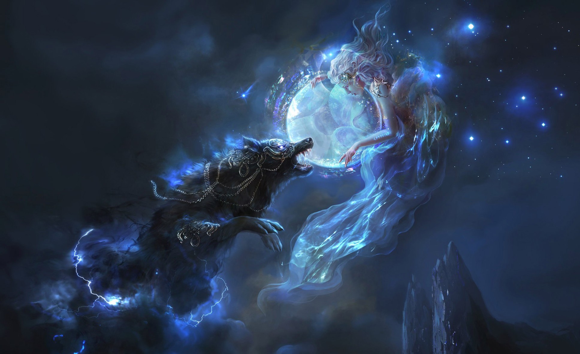 Fantasy girl and wolf with moon HD Wallpaper