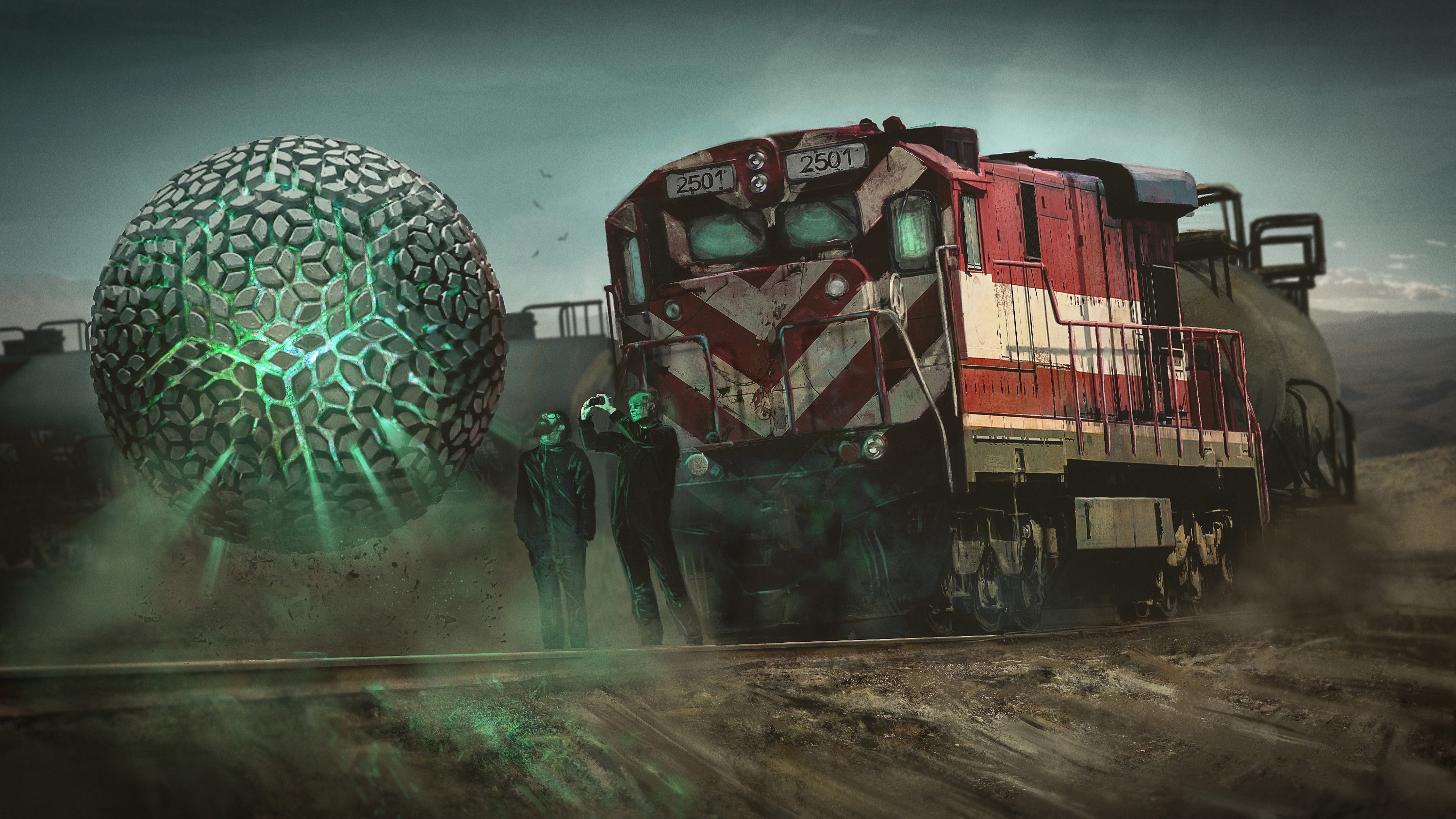 Train and mysterious sphere in a desolate landscape HD Wallpaper