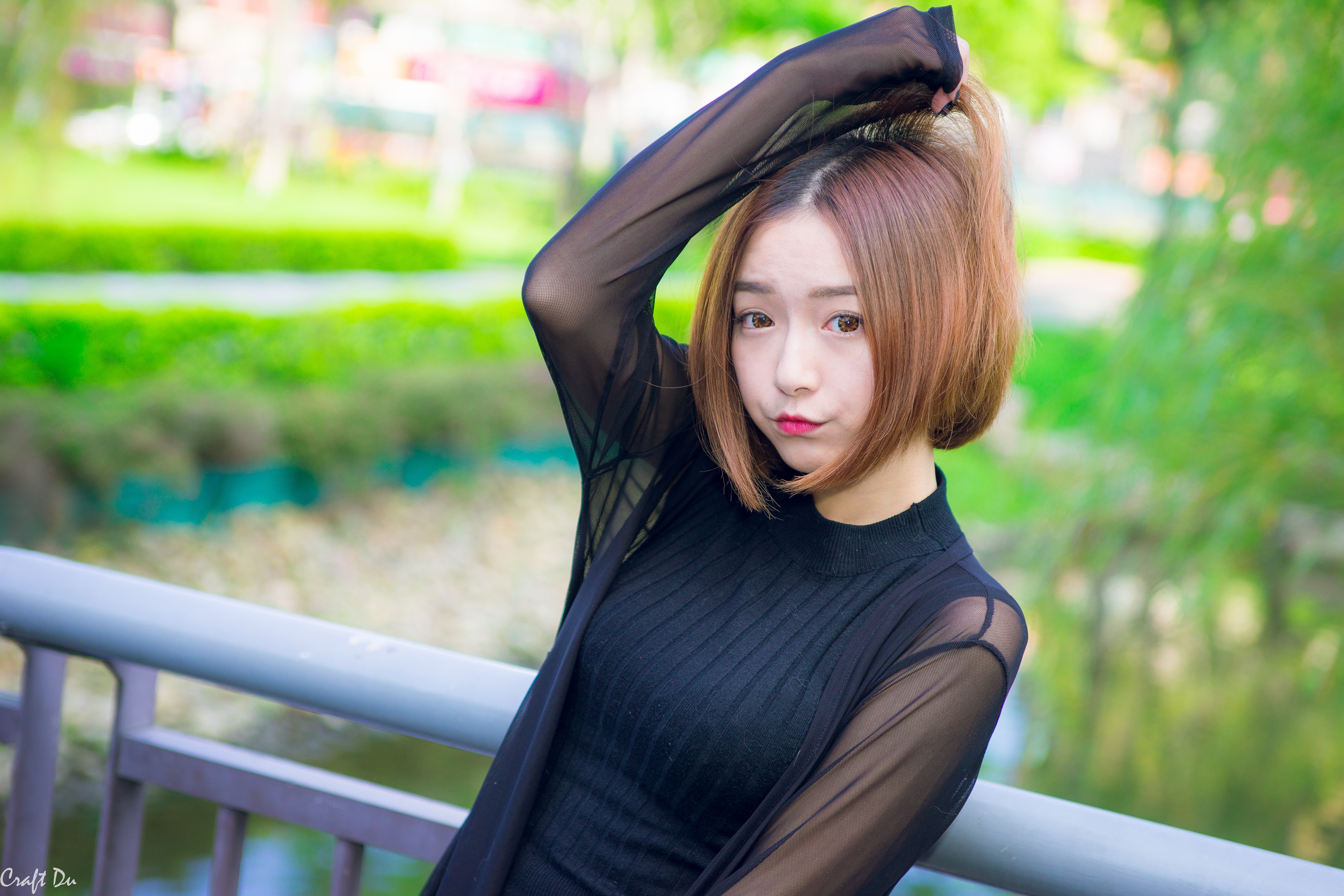 Asian woman with short brown hair posing HD Wallpaper