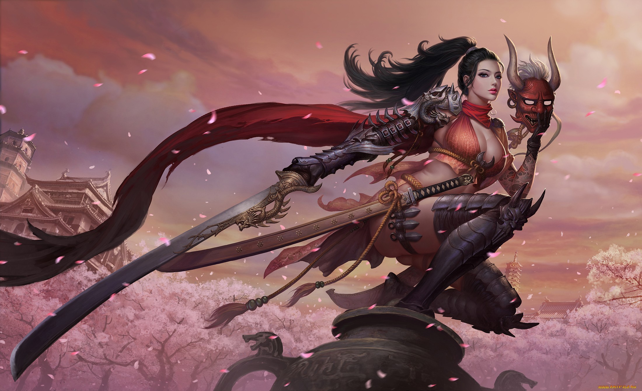 Fantasy girl with mask and sword HD Wallpaper