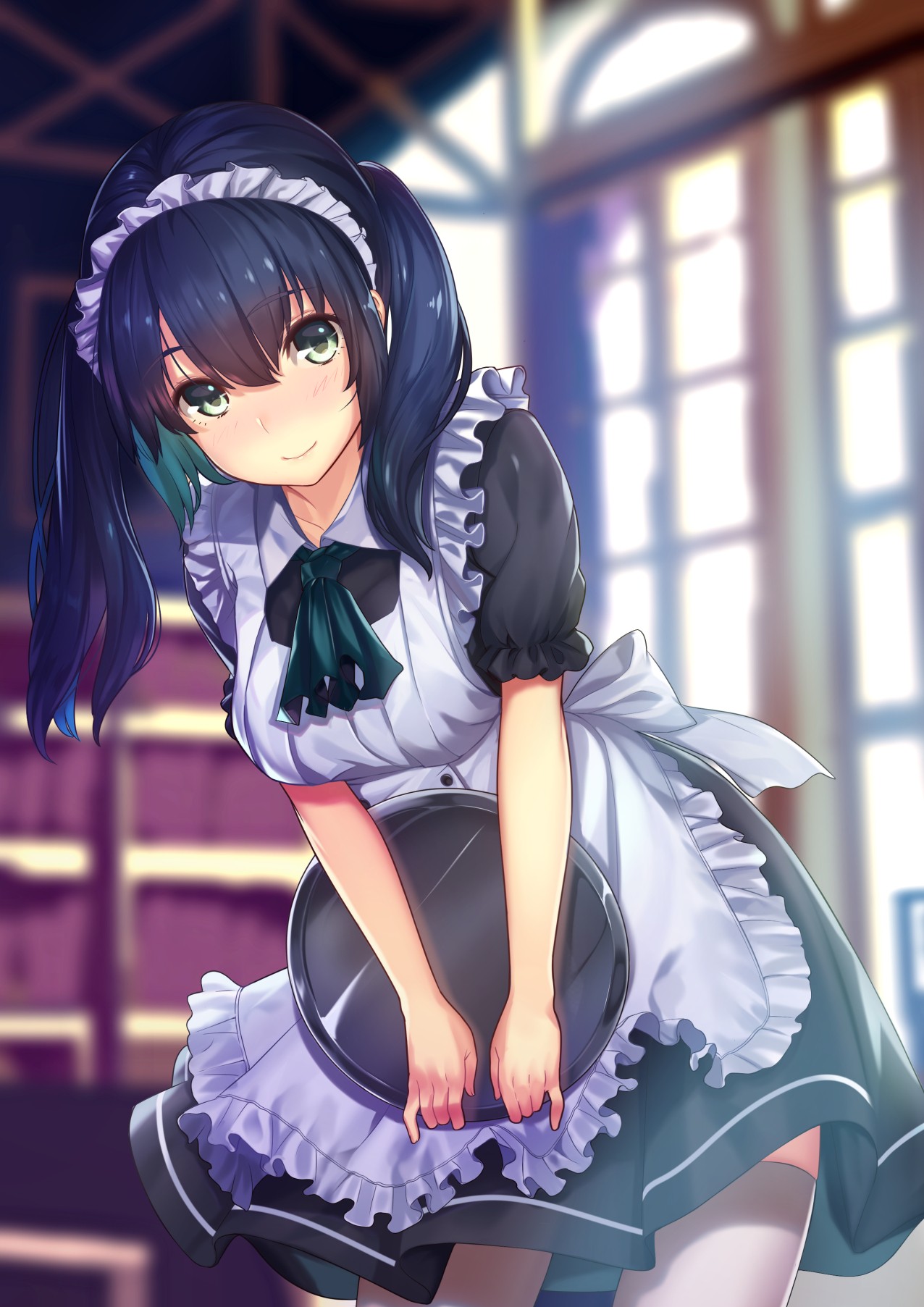 Anime girl with green eyes in maid outfit holding tray HD Wallpaper