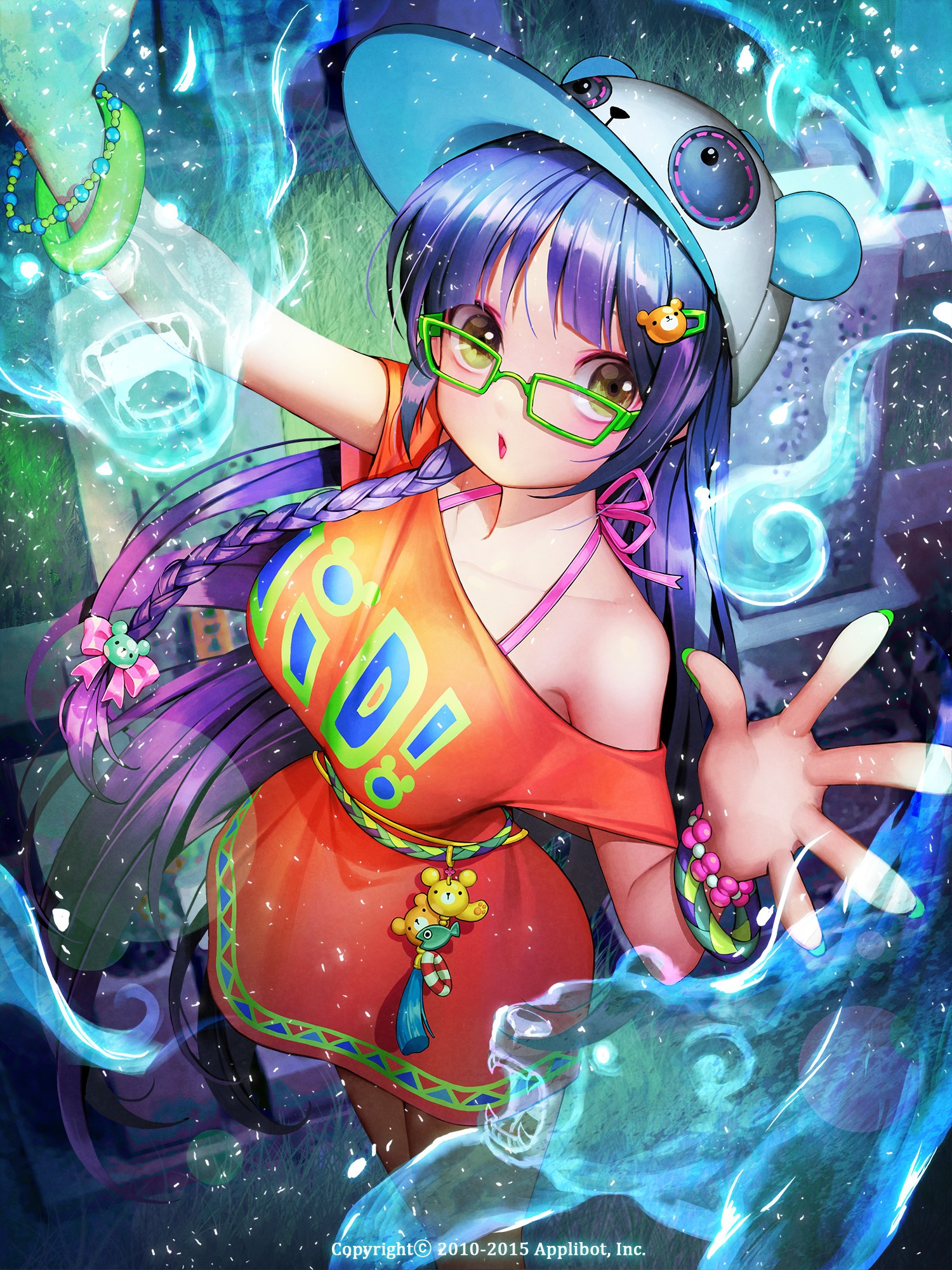 Anime girl with purple hair and glasses in orange dress HD Wallpaper