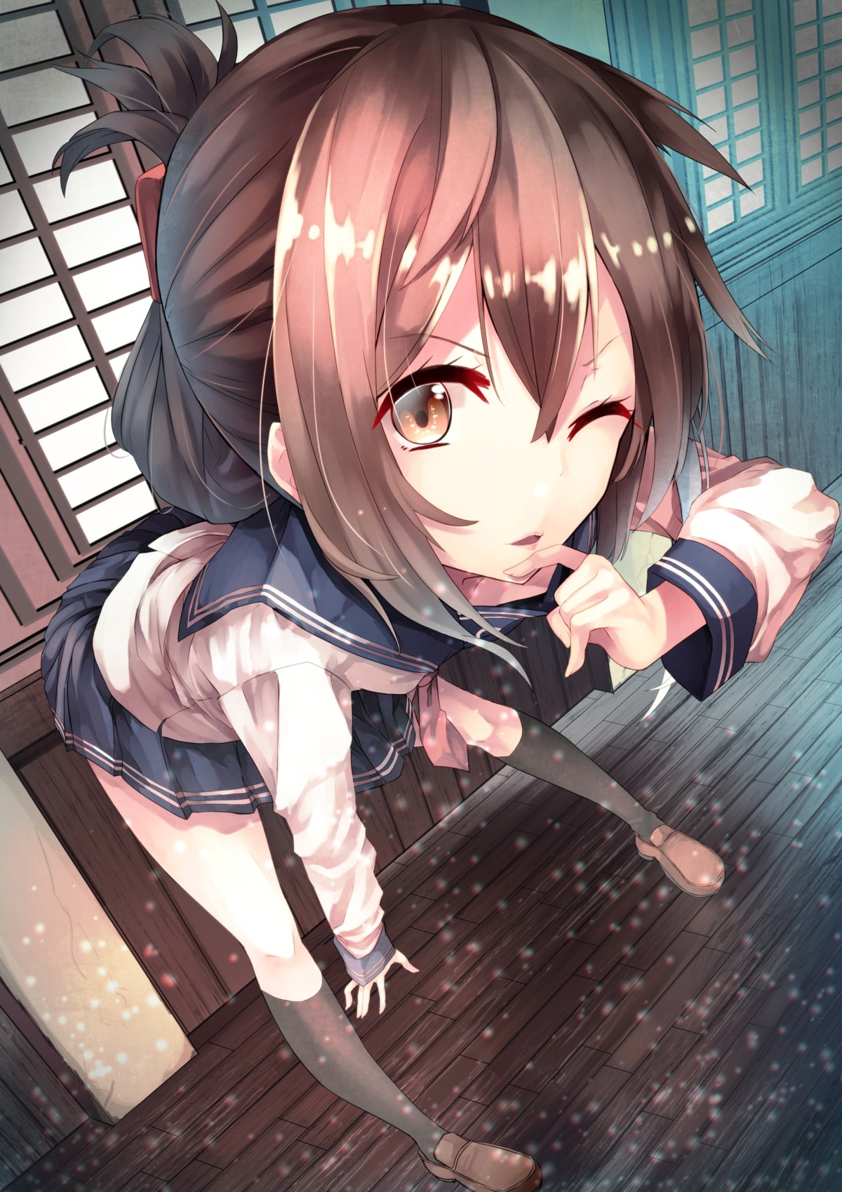 Anime girl in school uniform winks HD Wallpaper