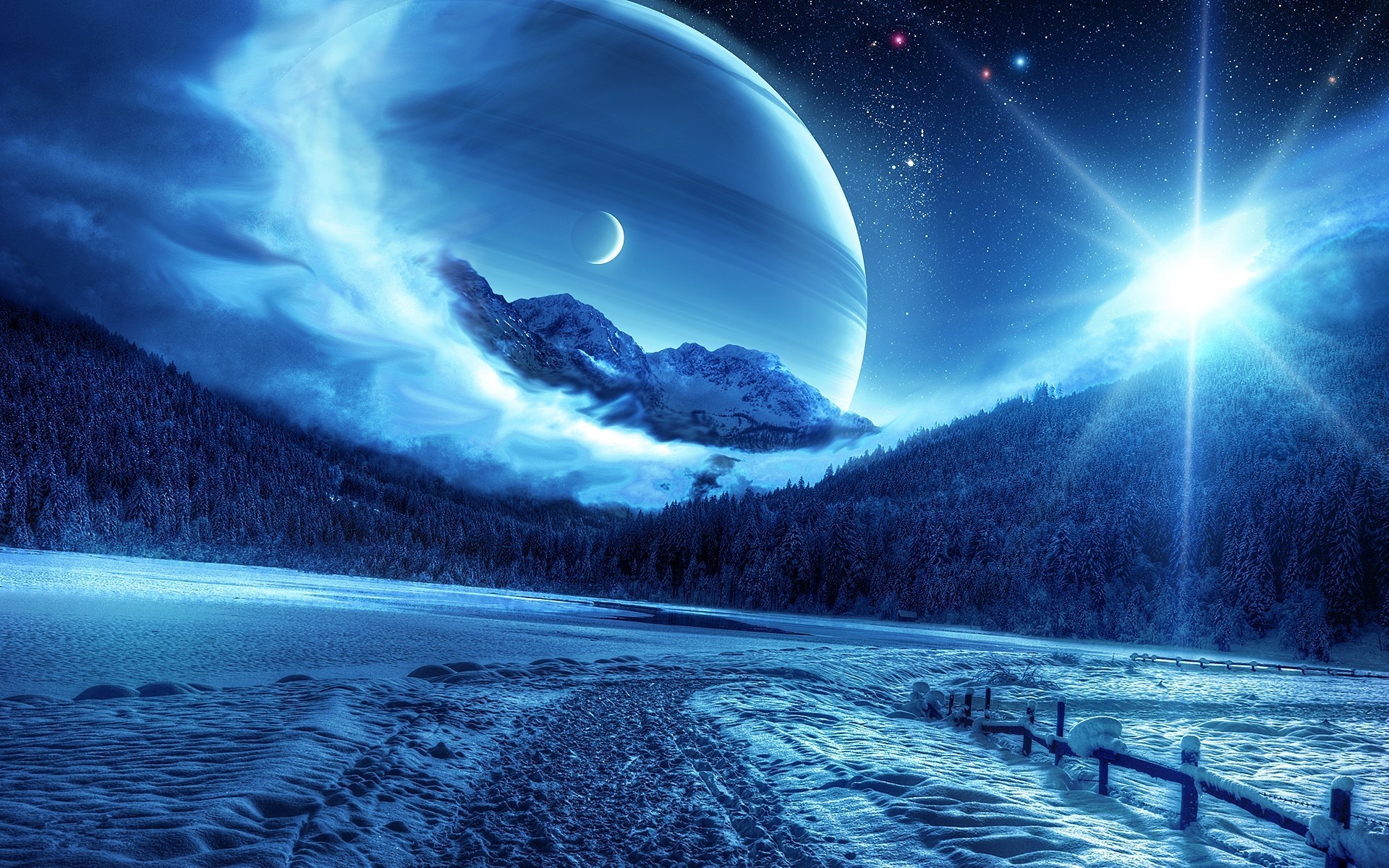 Alien winter landscape with planet and moon HD Wallpaper