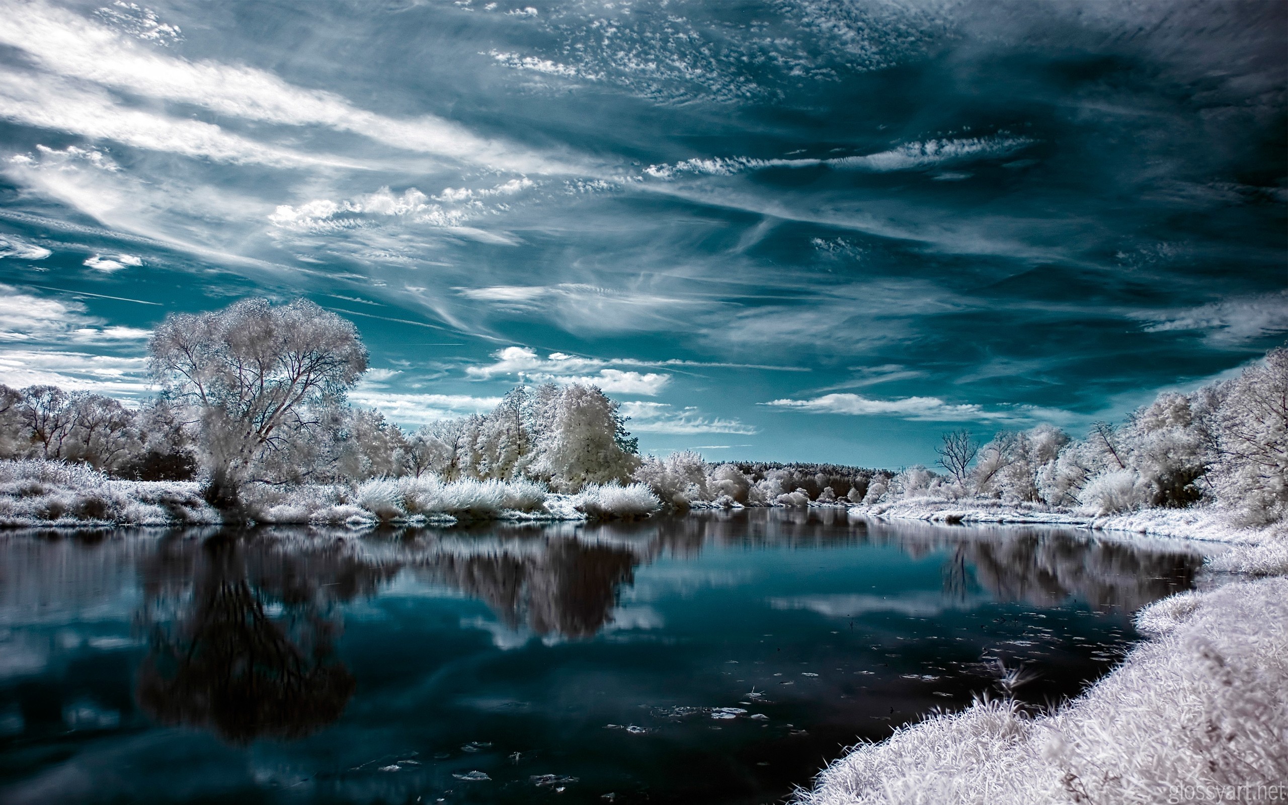Infrared landscape with river and trees HD Wallpaper