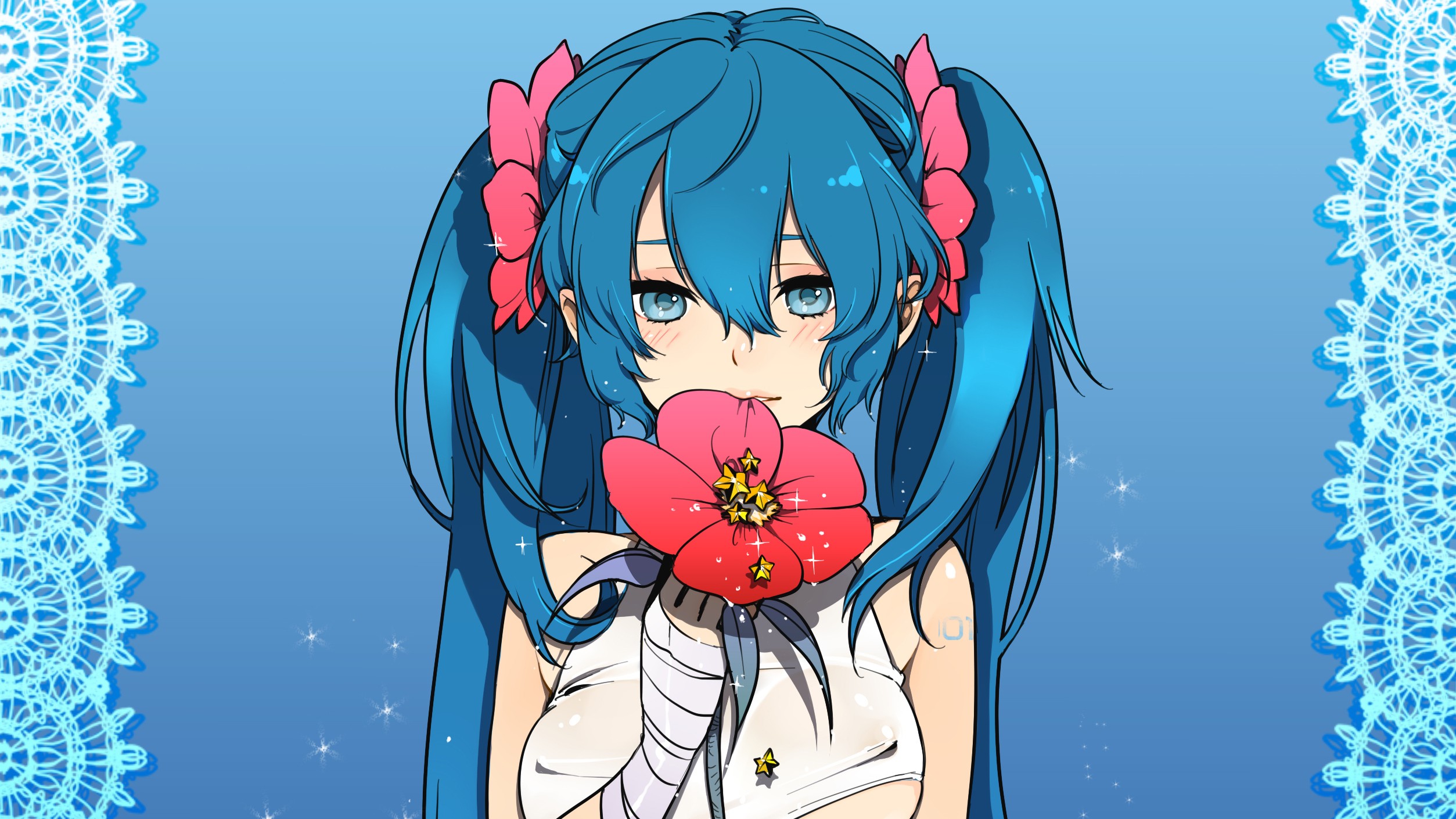 Hatsune Miku holding a red flower HD Wallpaper