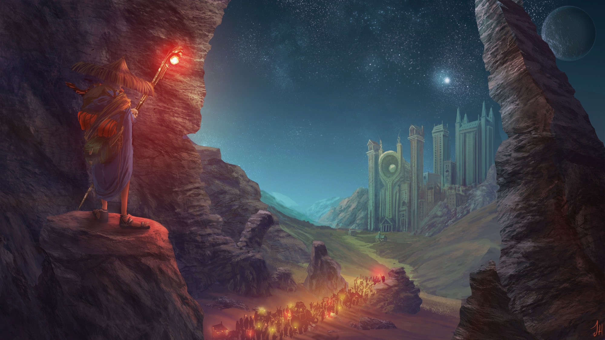 Fantasy art of a traveler and a distant city HD Wallpaper