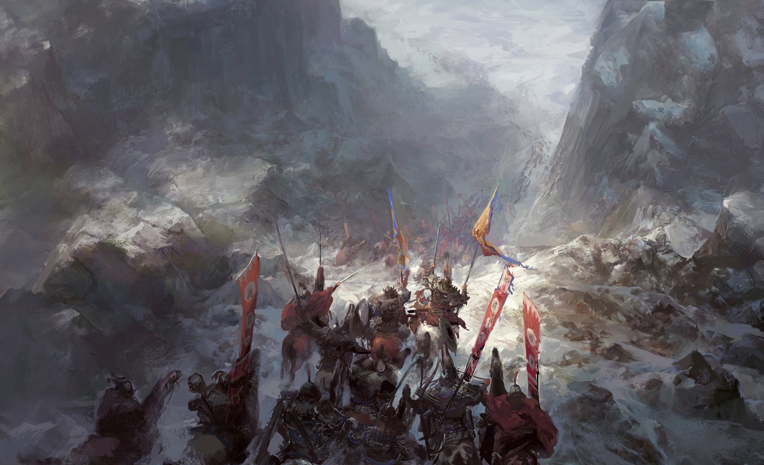 Artwork of a medieval army marching through a snowy mountain pass HD Wallpaper