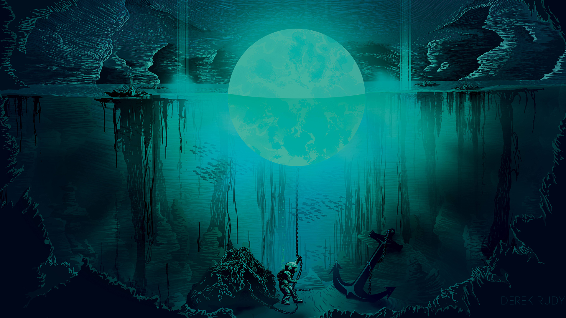 Derek Rudy's underwater scene with a diver and the Moon HD Wallpaper