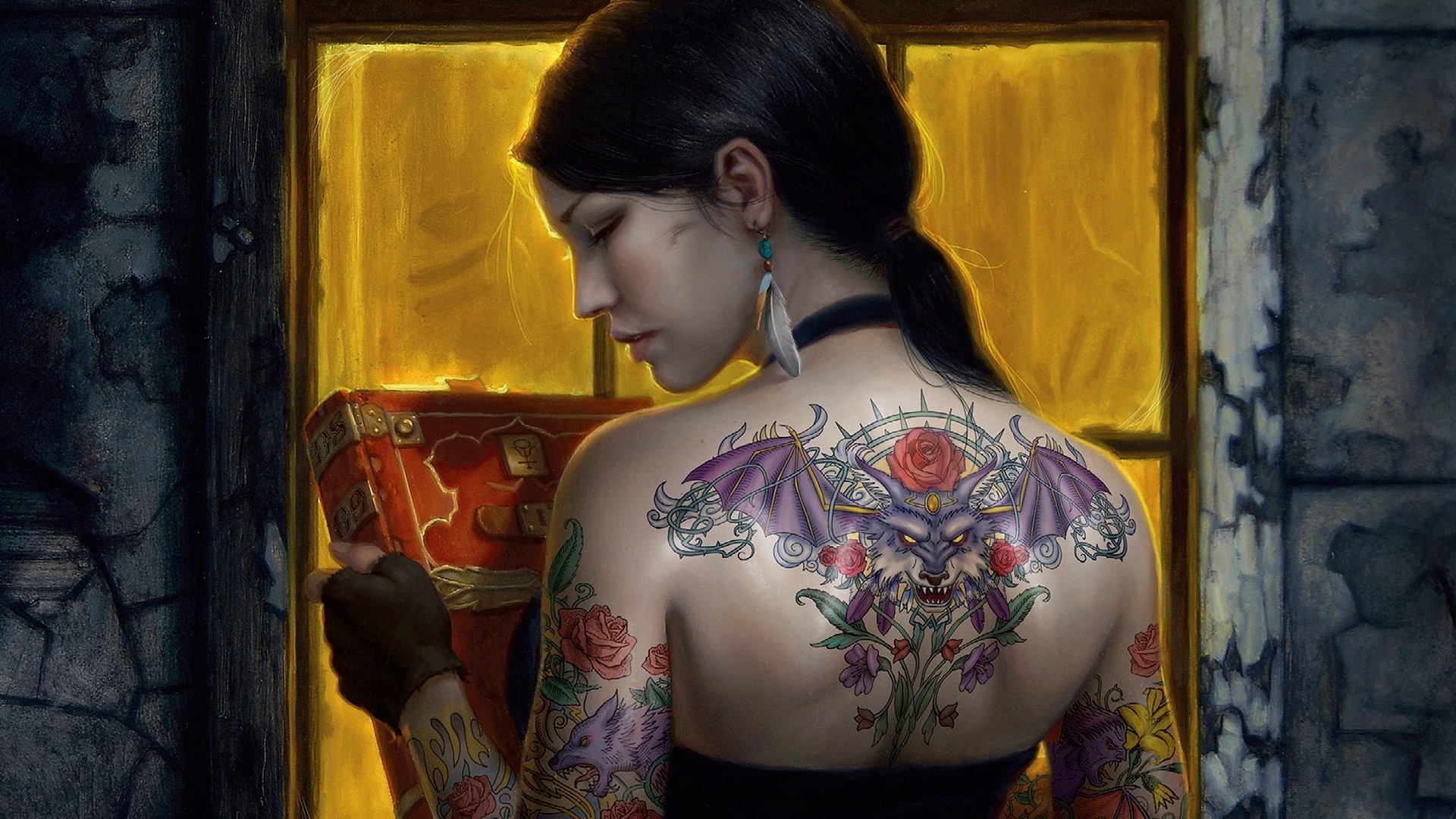 gloves, feathers, bare shoulders, artwork, tattoo, anime, books, Mercy Thompson, brunette, black dress, ponytail, women HD Wallpaper