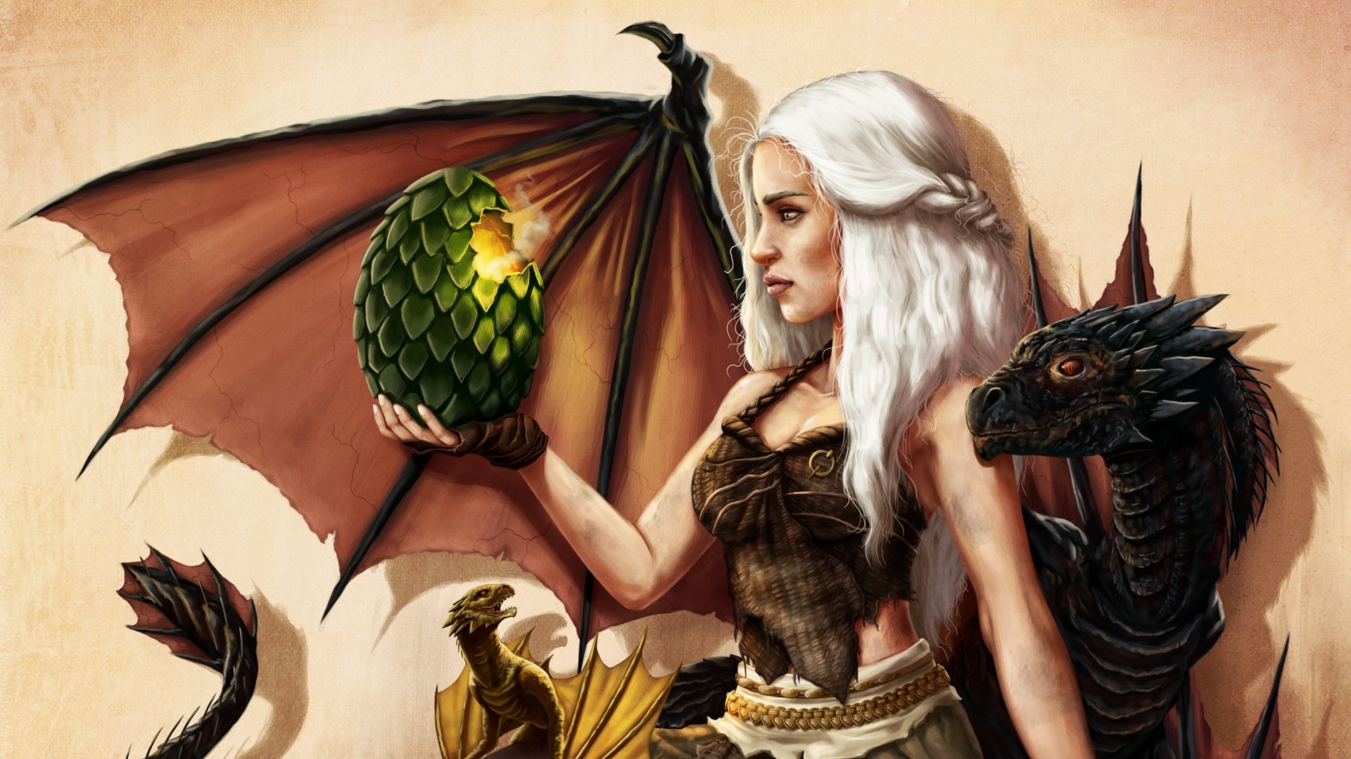 Daenerys Targaryen and her dragons hatching an egg HD Wallpaper
