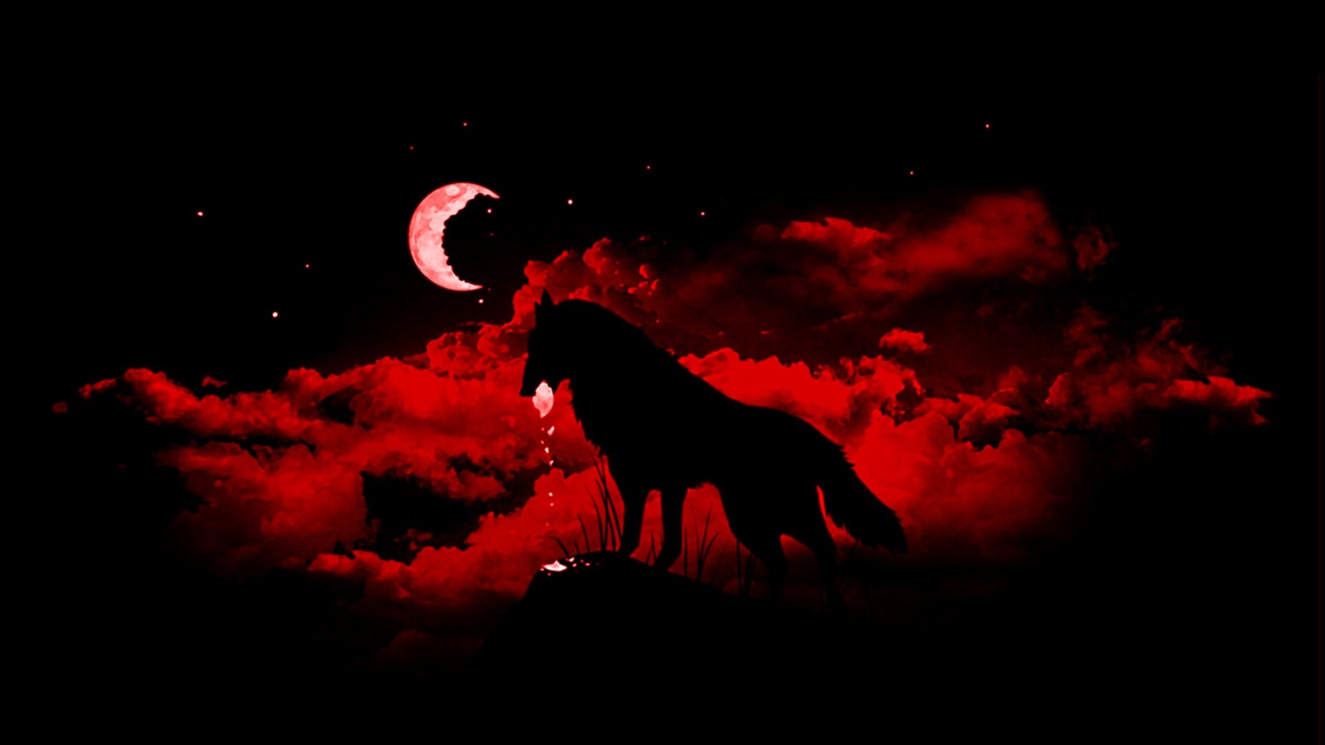 Silhouette of a wolf howling at a red moon HD Wallpaper