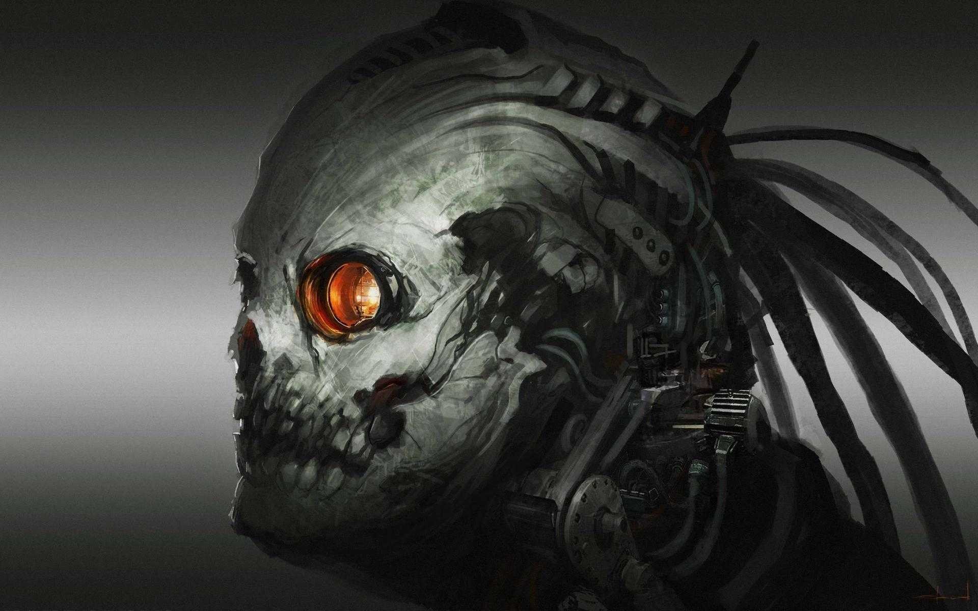 Cyborg skull with glowing orange eye and wires HD Wallpaper
