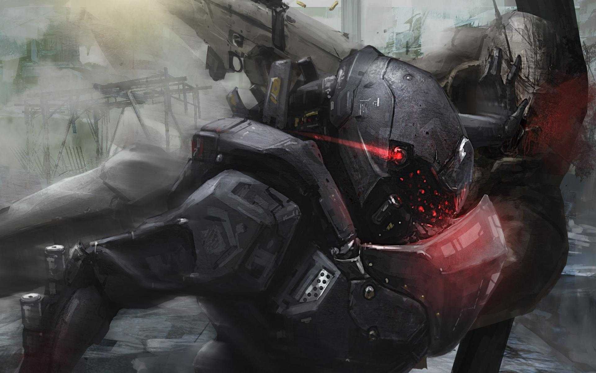 Robot in battle with red glowing eyes HD Wallpaper