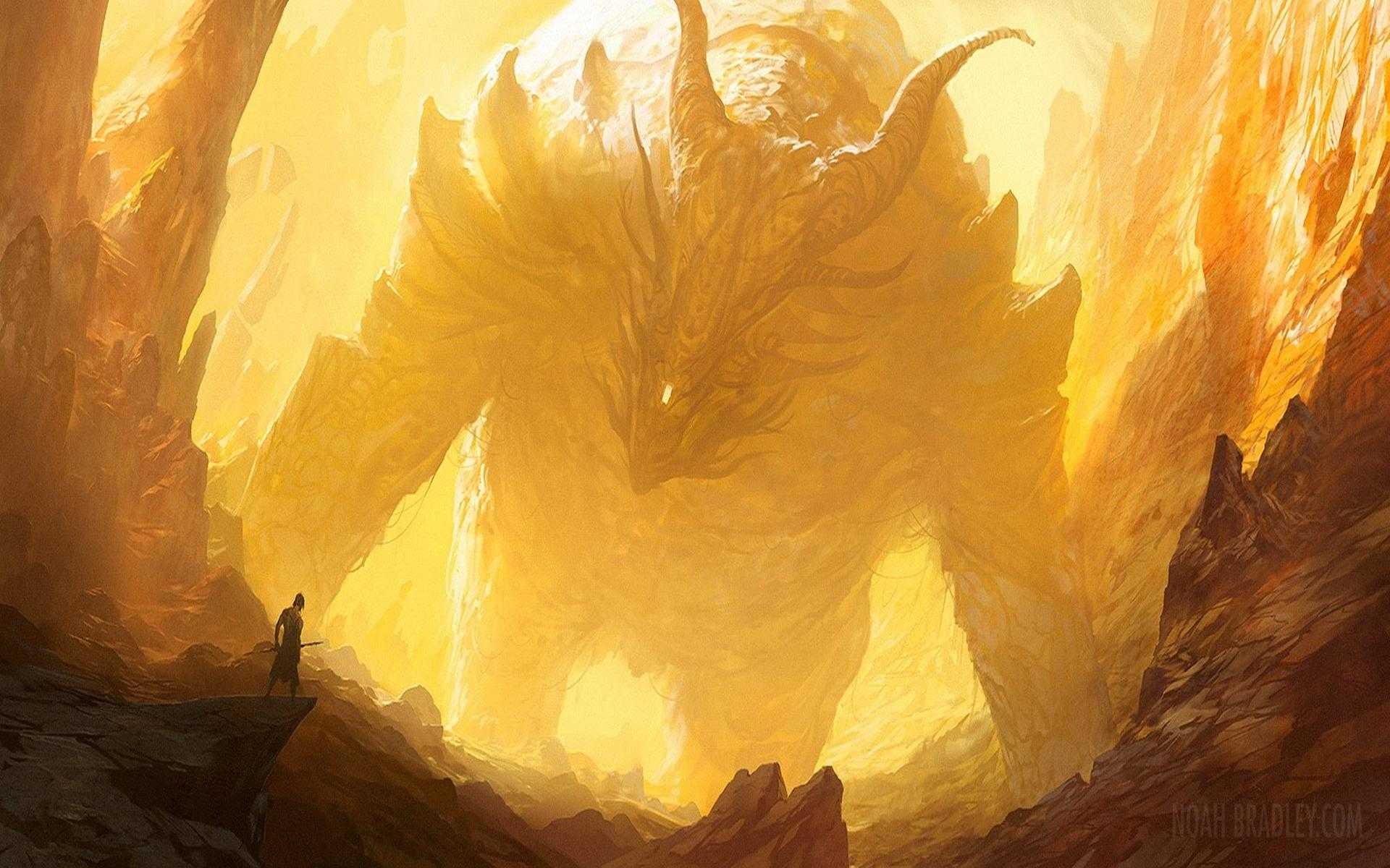 A warrior faces a colossal golden dragon in a rocky canyon. HD Wallpaper