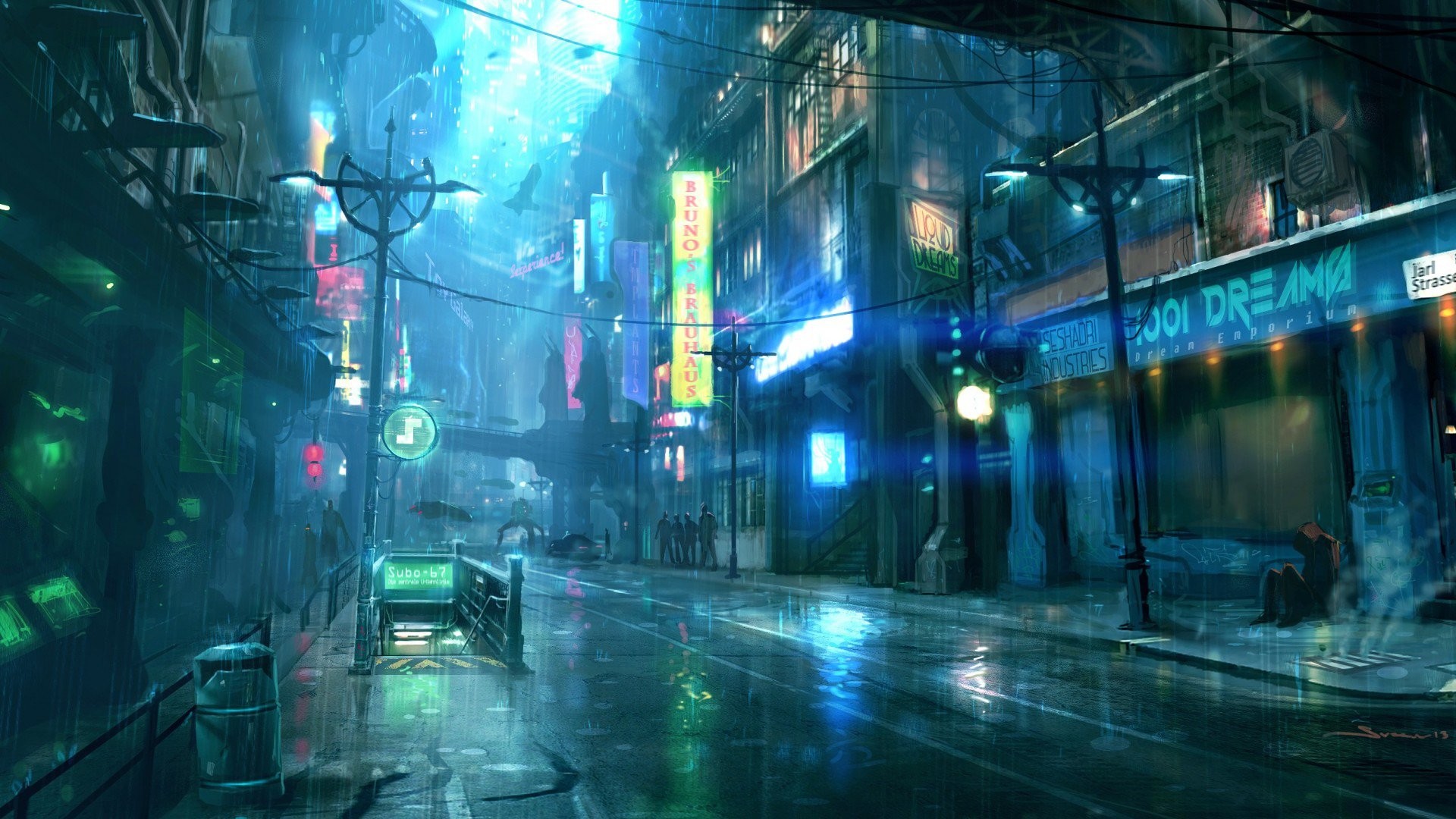 Cyberpunk street at night with neon lights and rain HD Wallpaper