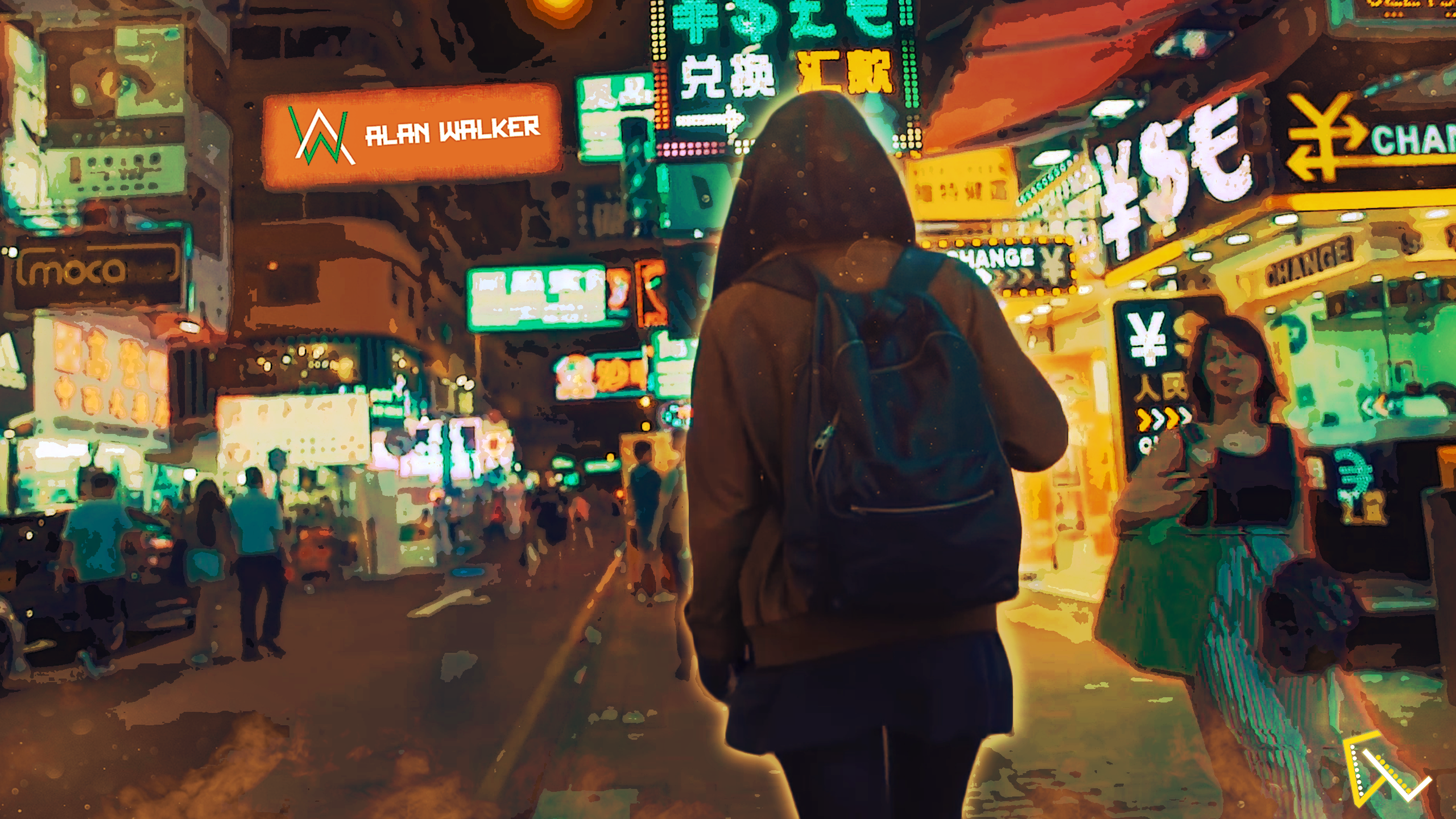 Alan Walker in a neon-lit city street HD Wallpaper