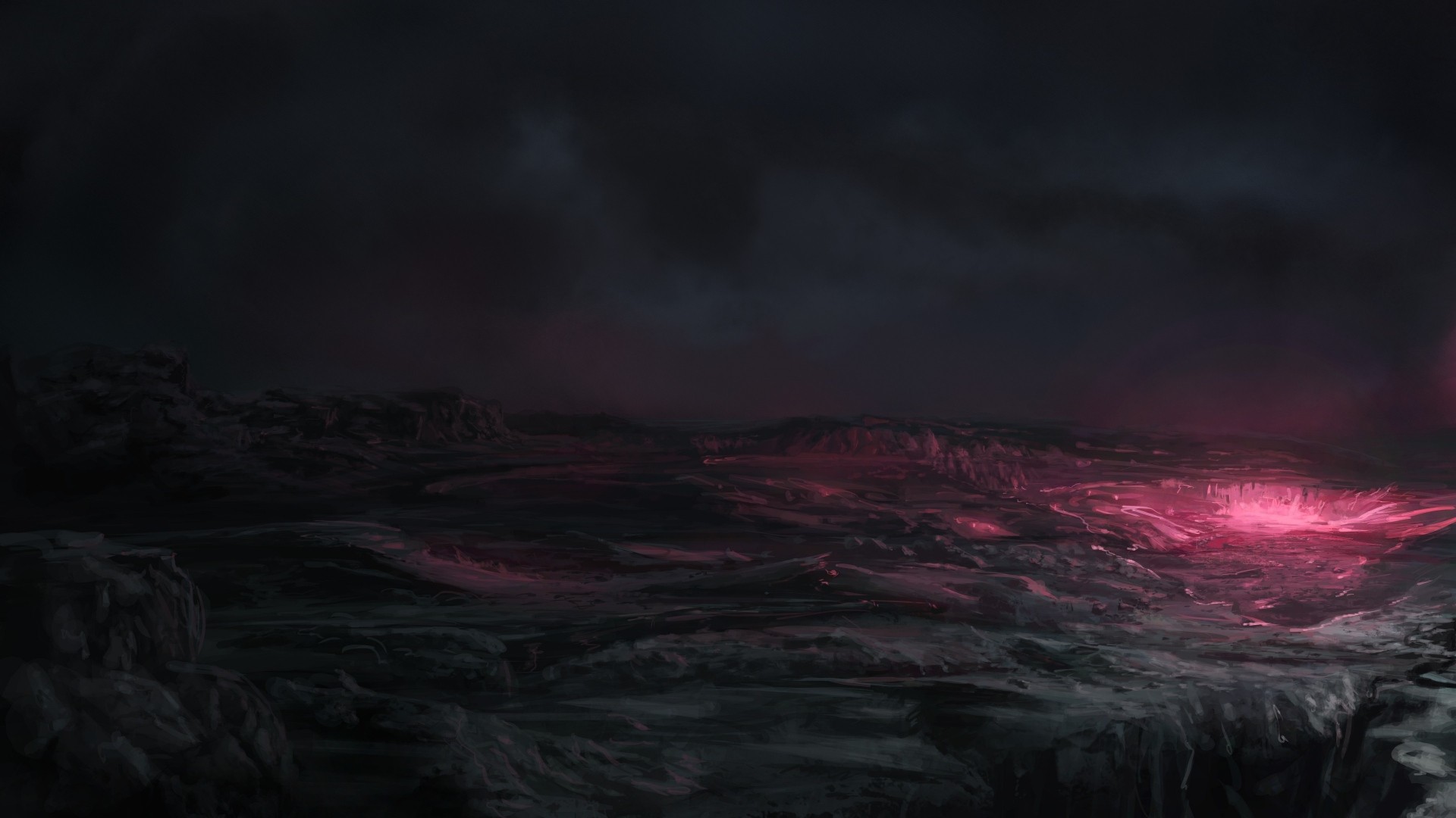Alien planet landscape with glowing crater HD Wallpaper
