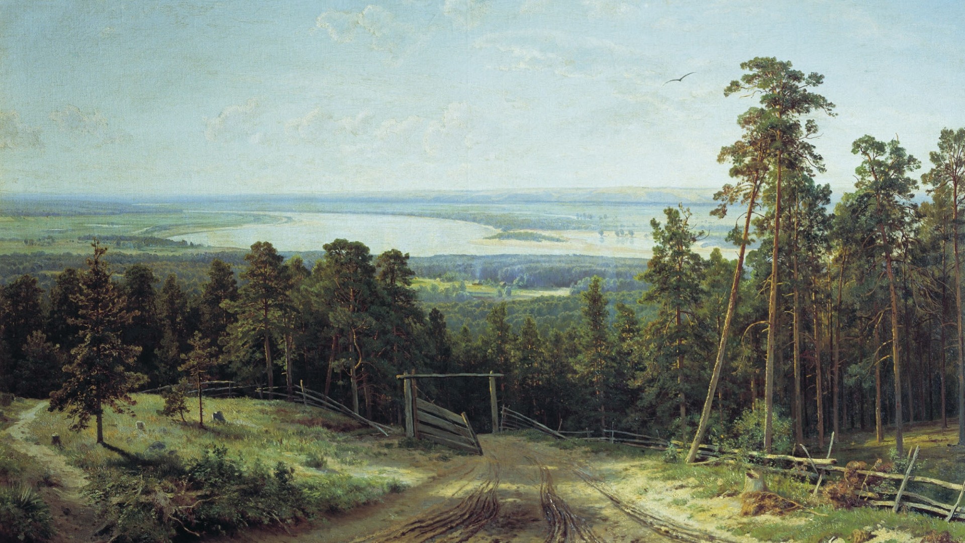 Painting of a landscape with a road and forest HD Wallpaper