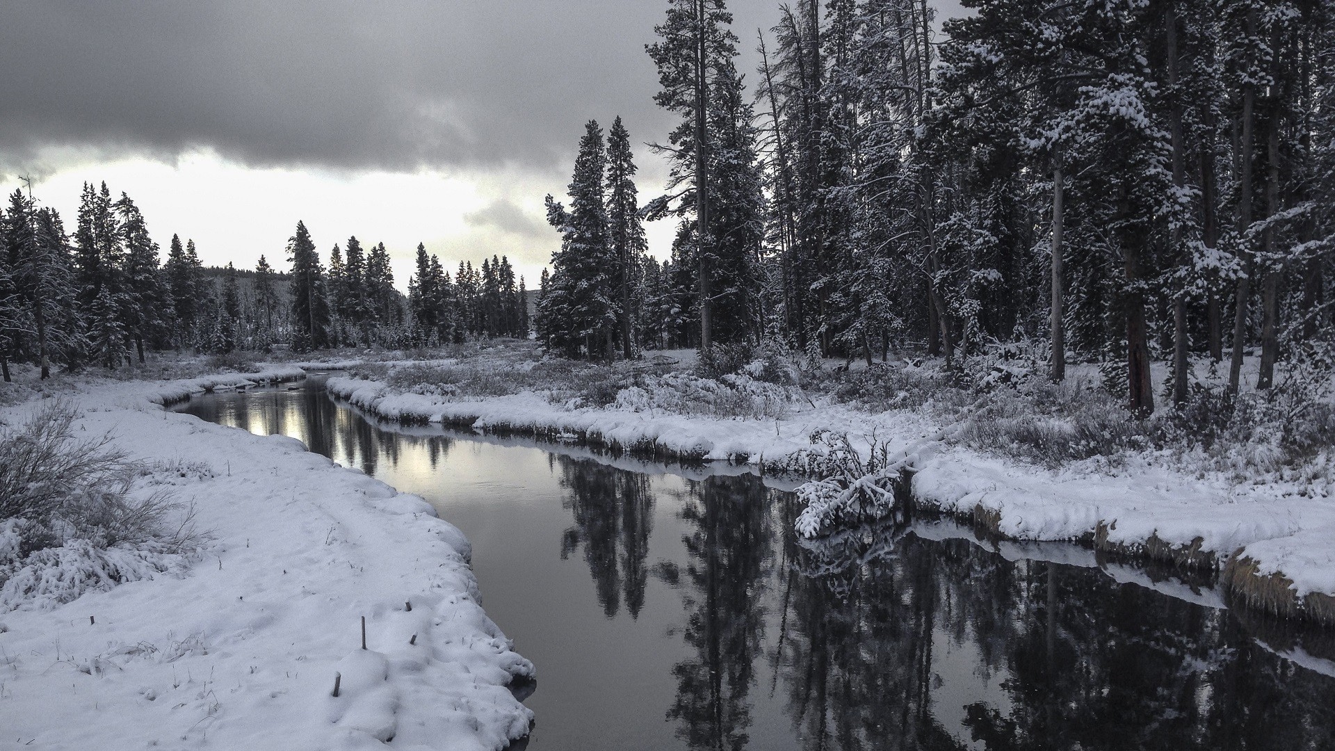 Winter river reflection in Yellowstone National Park HD Wallpaper