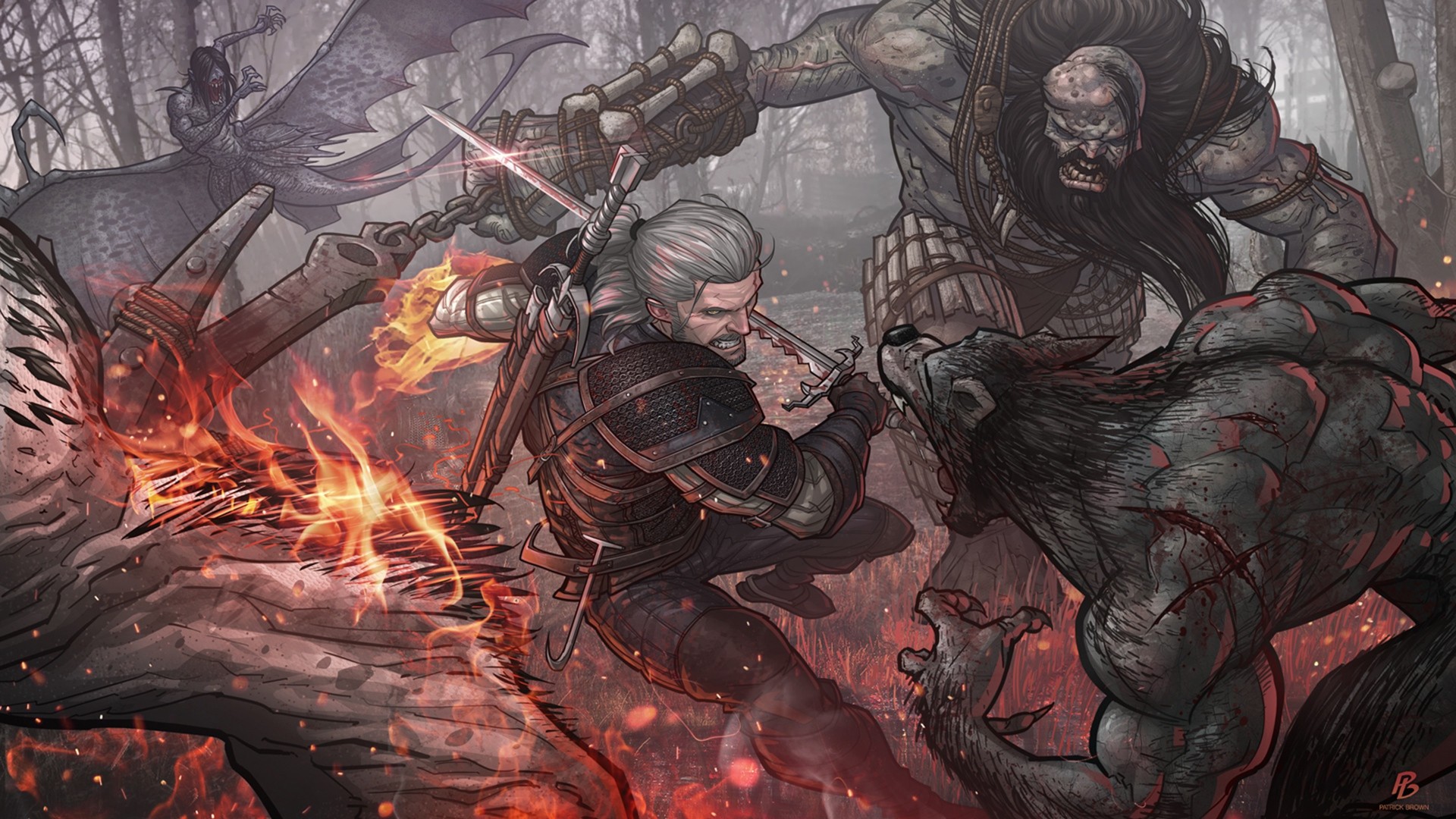 Geralt of Rivia fighting monsters in The Witcher 3 HD Wallpaper
