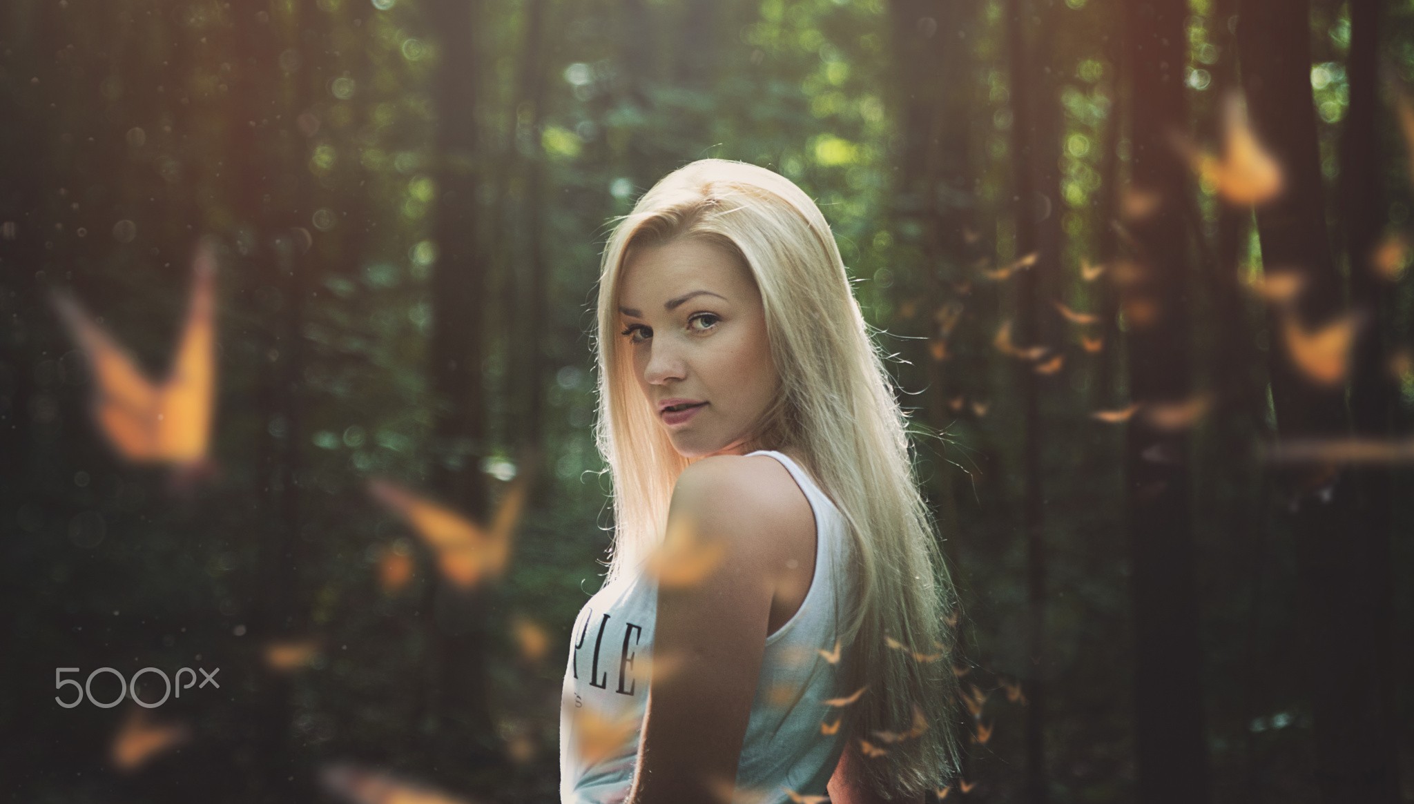 Woman with blonde hair in a forest HD Wallpaper