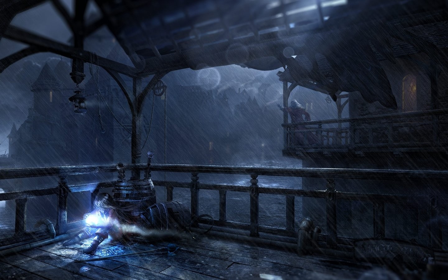 Fantasy art of a person casting magic in the rain HD Wallpaper