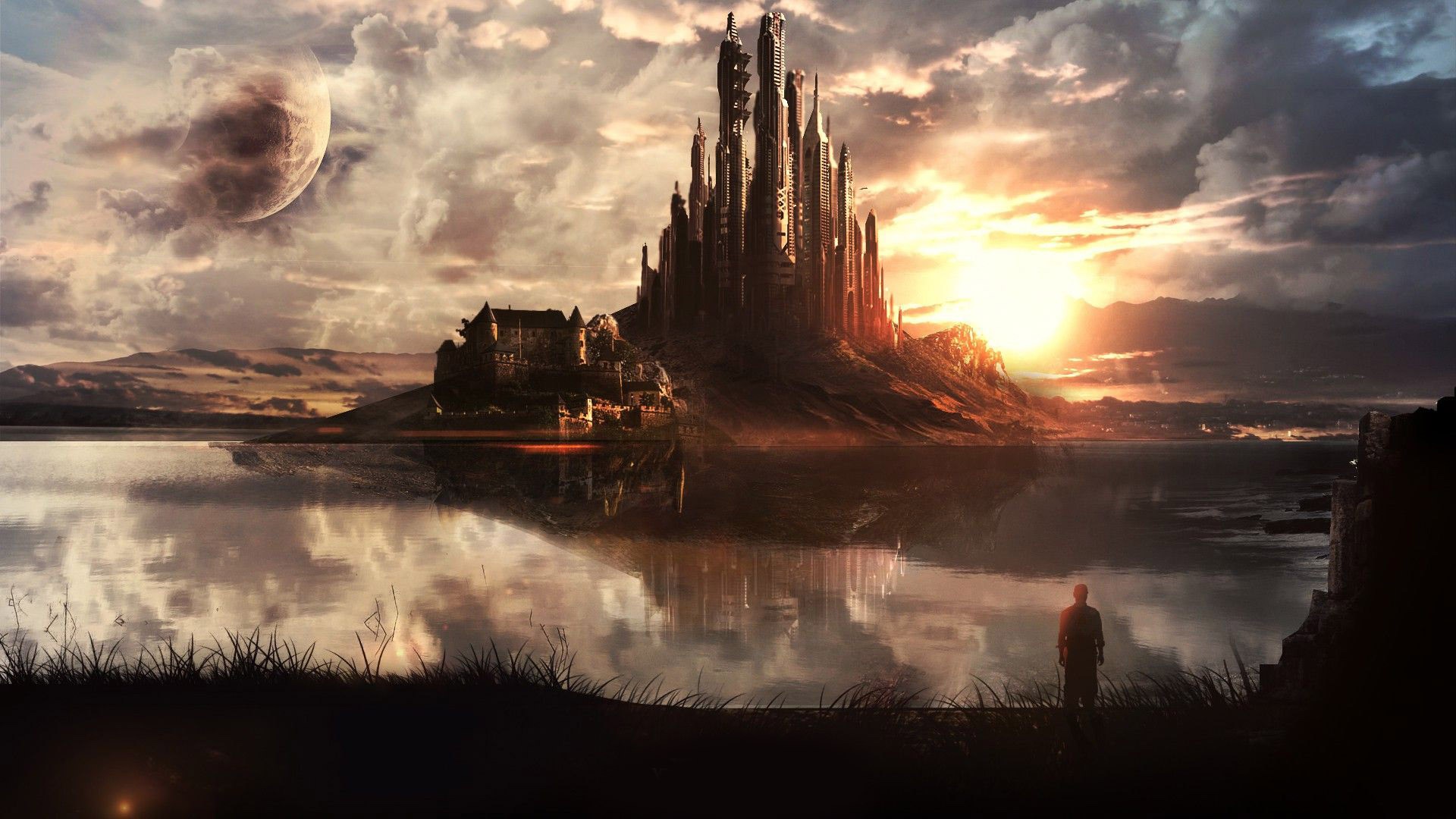 Futuristic castle on a hill with a moon HD Wallpaper