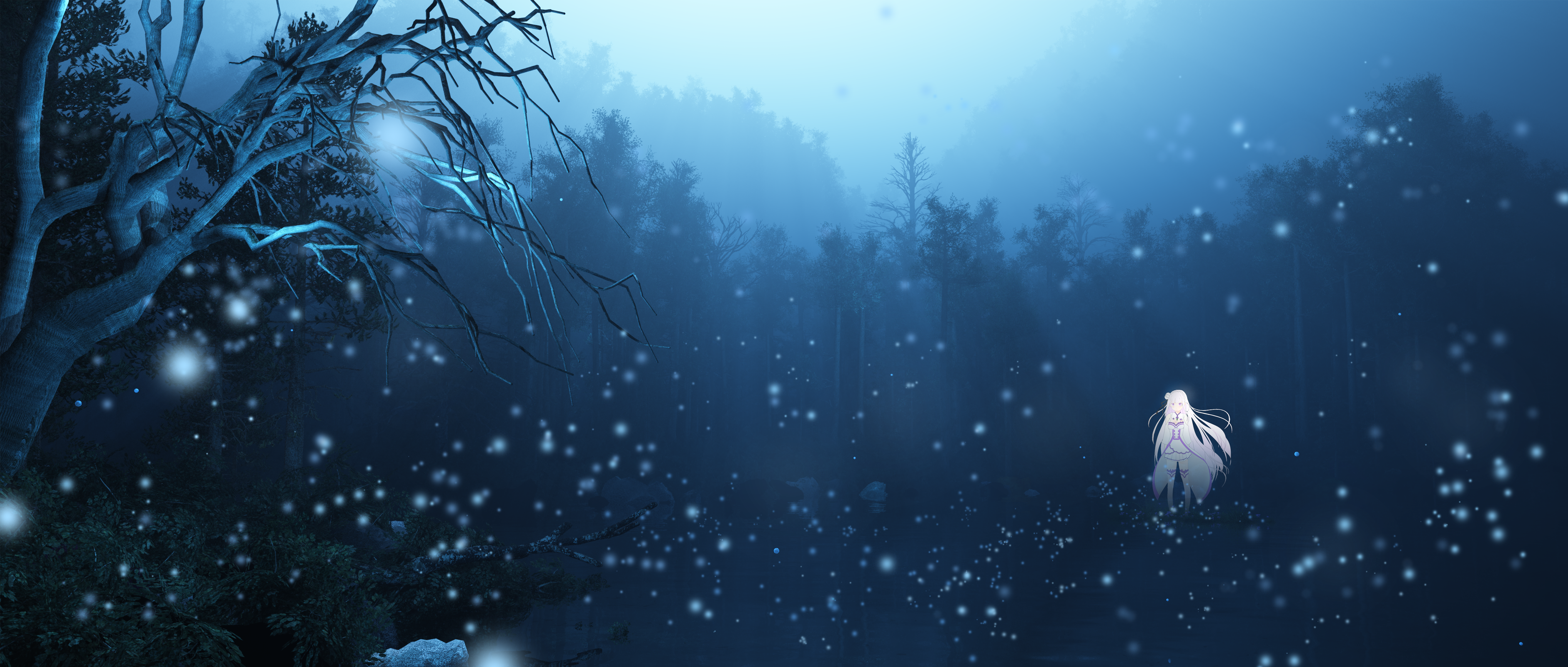 Re:Zero Emilia in a misty forest with glowing orbs HD Wallpaper