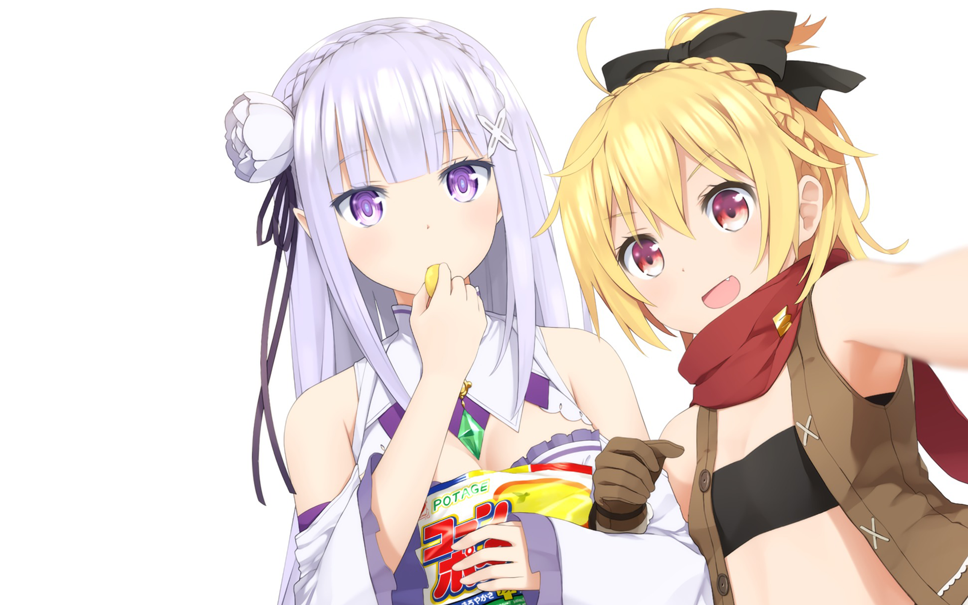 Emilia and Echidna eating snacks HD Wallpaper