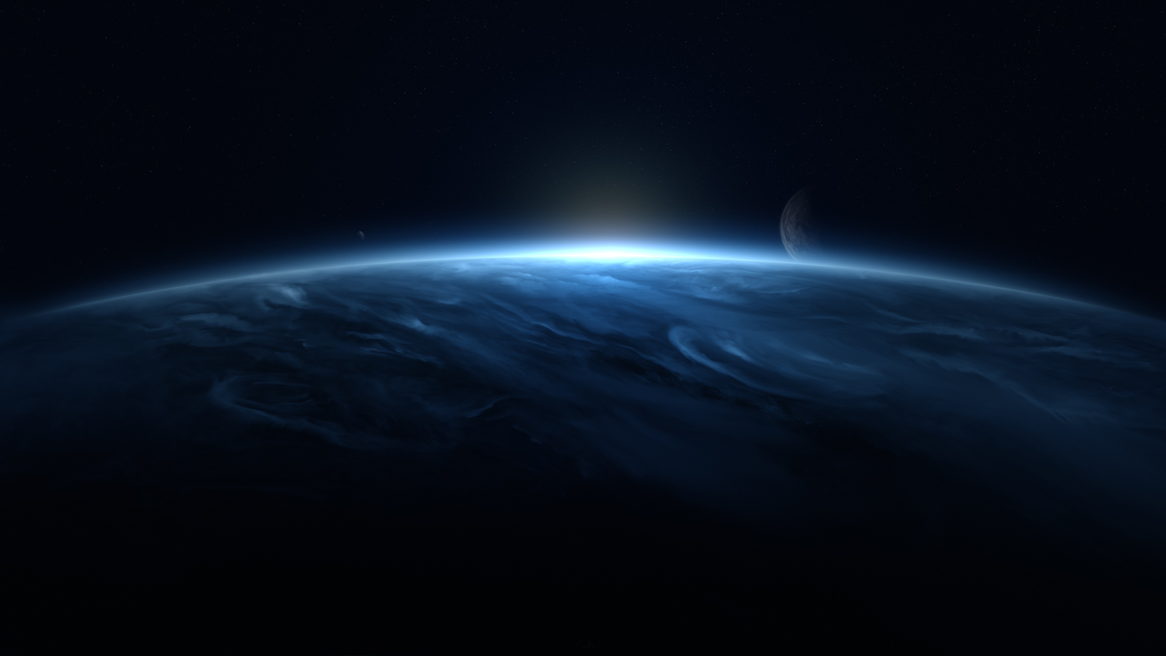 Planet with sunrise and moon in space HD Wallpaper