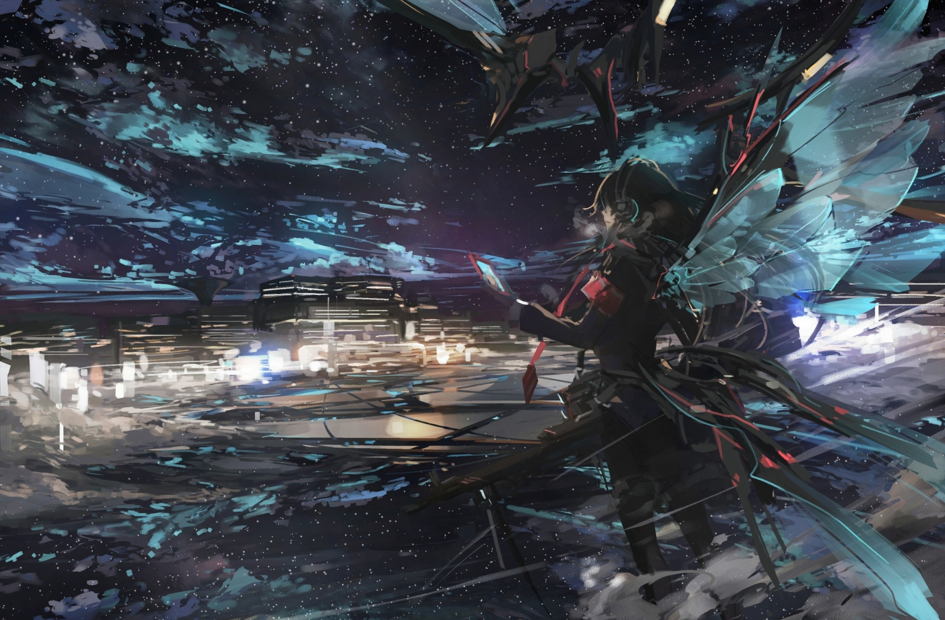 Anime girl with mechanical wings over a city at night HD Wallpaper